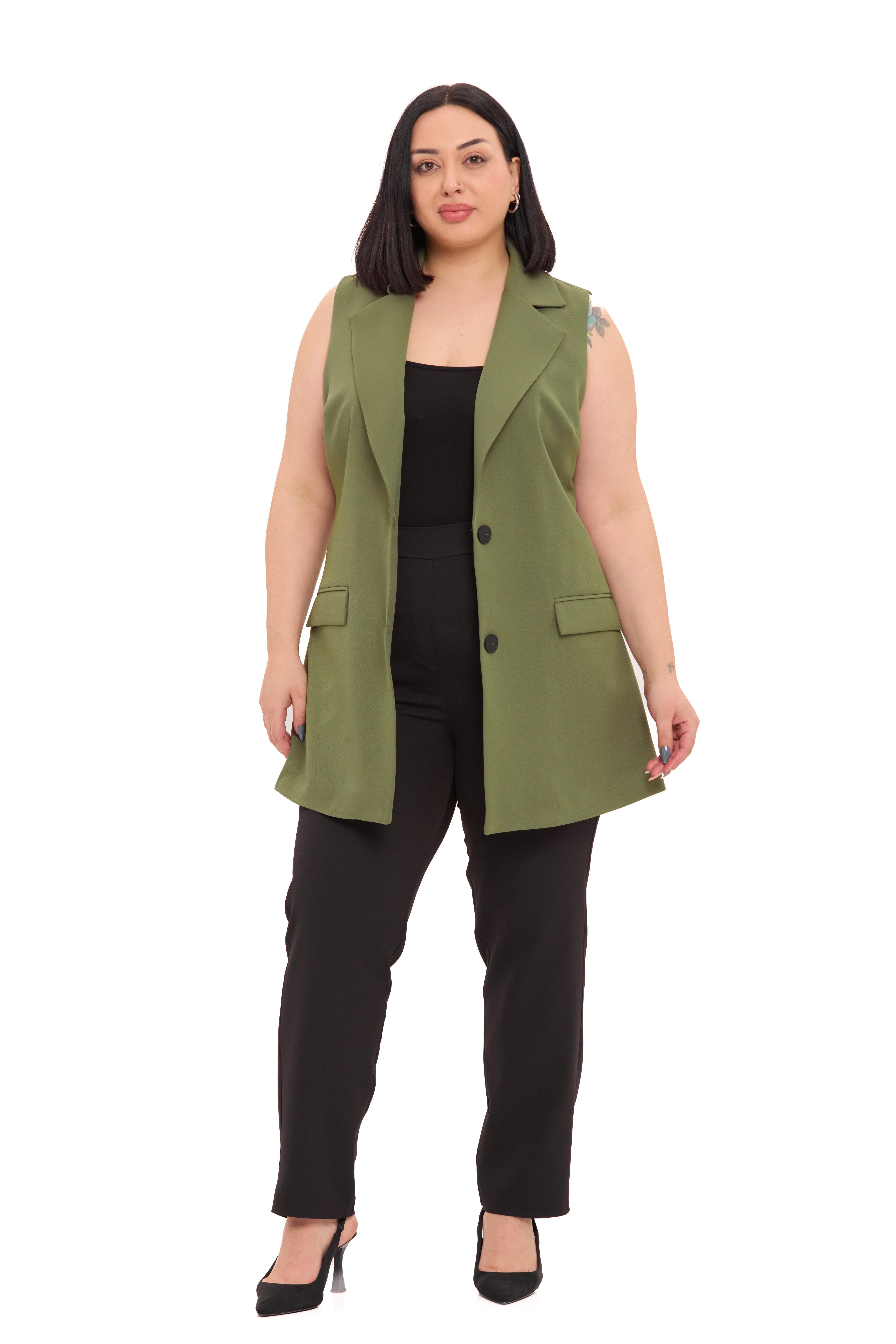 YelekDisentis Modest Büyük Beden Düğmeli Kapaklı Cepli Astarlı Uzun Haki YelekDISENTIS MODESTBüyük Beden Düğmeli Kapaklı Cepli Astarlı Uzun Haki Yelek
