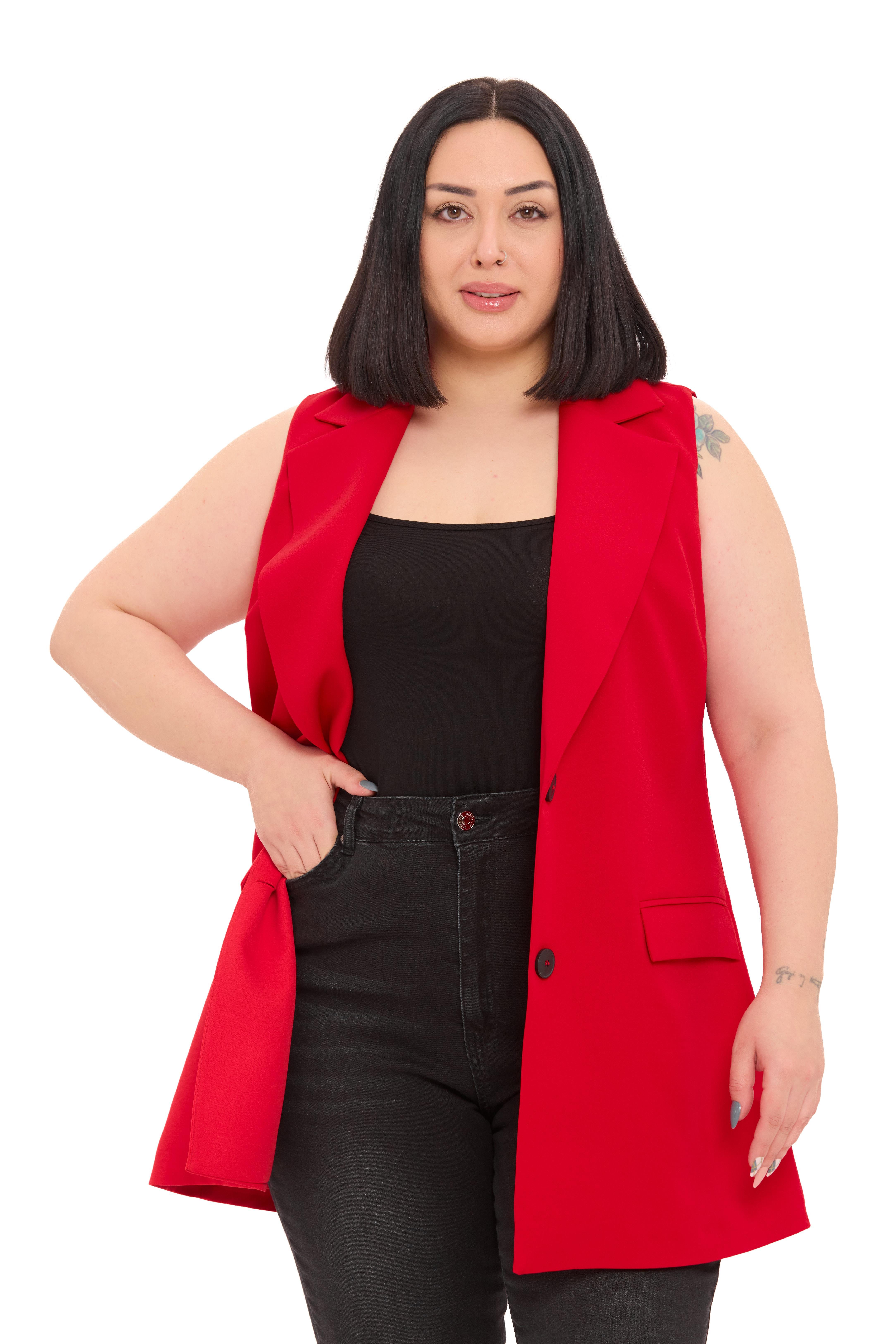 YelekDisentis Modest Büyük Beden Düğmeli Kapaklı Cepli Astarlı Uzun Kırmızı YelekDISENTIS MODESTBüyük Beden Düğmeli Kapaklı Cepli Astarlı Uzun Kırmızı Yelek