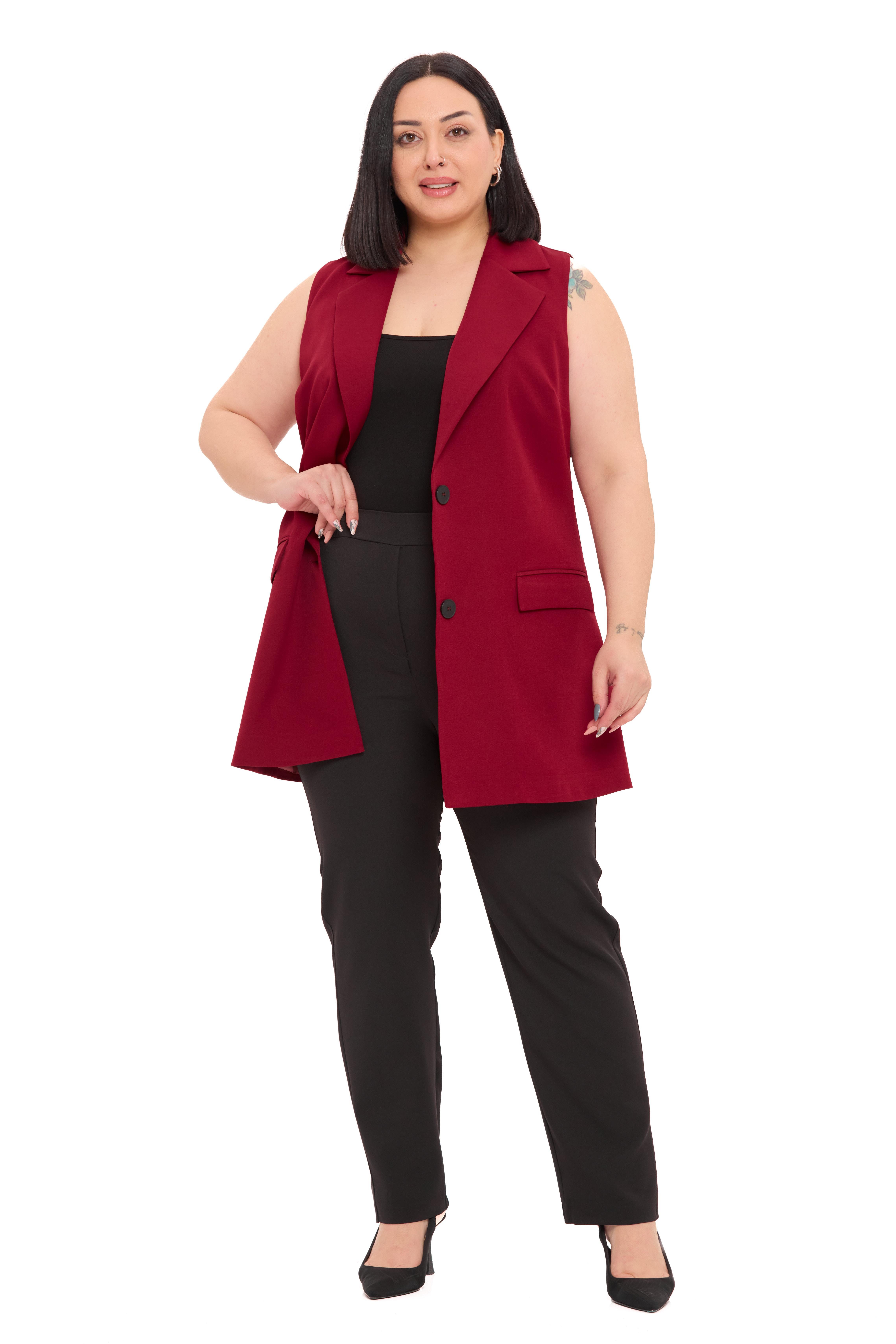 YelekDisentis Modest Büyük Beden Düğmeli Kapaklı Cepli Astarlı Uzun Bordo YelekDISENTIS MODESTBüyük Beden Düğmeli Kapaklı Cepli Astarlı Uzun Bordo Yelek