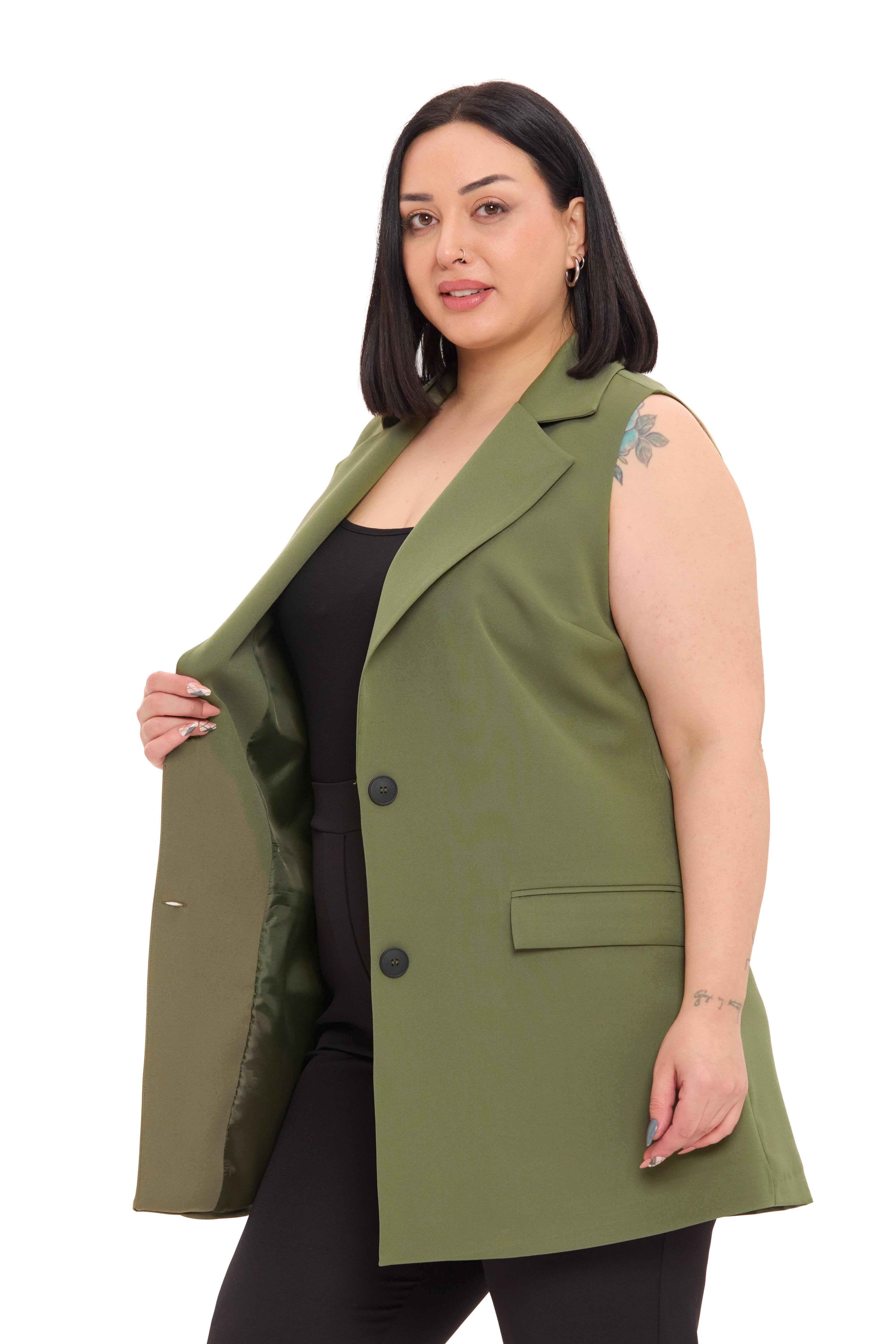 YelekDisentis Modest Büyük Beden Düğmeli Kapaklı Cepli Astarlı Uzun Haki YelekDISENTIS MODESTBüyük Beden Düğmeli Kapaklı Cepli Astarlı Uzun Haki Yelek