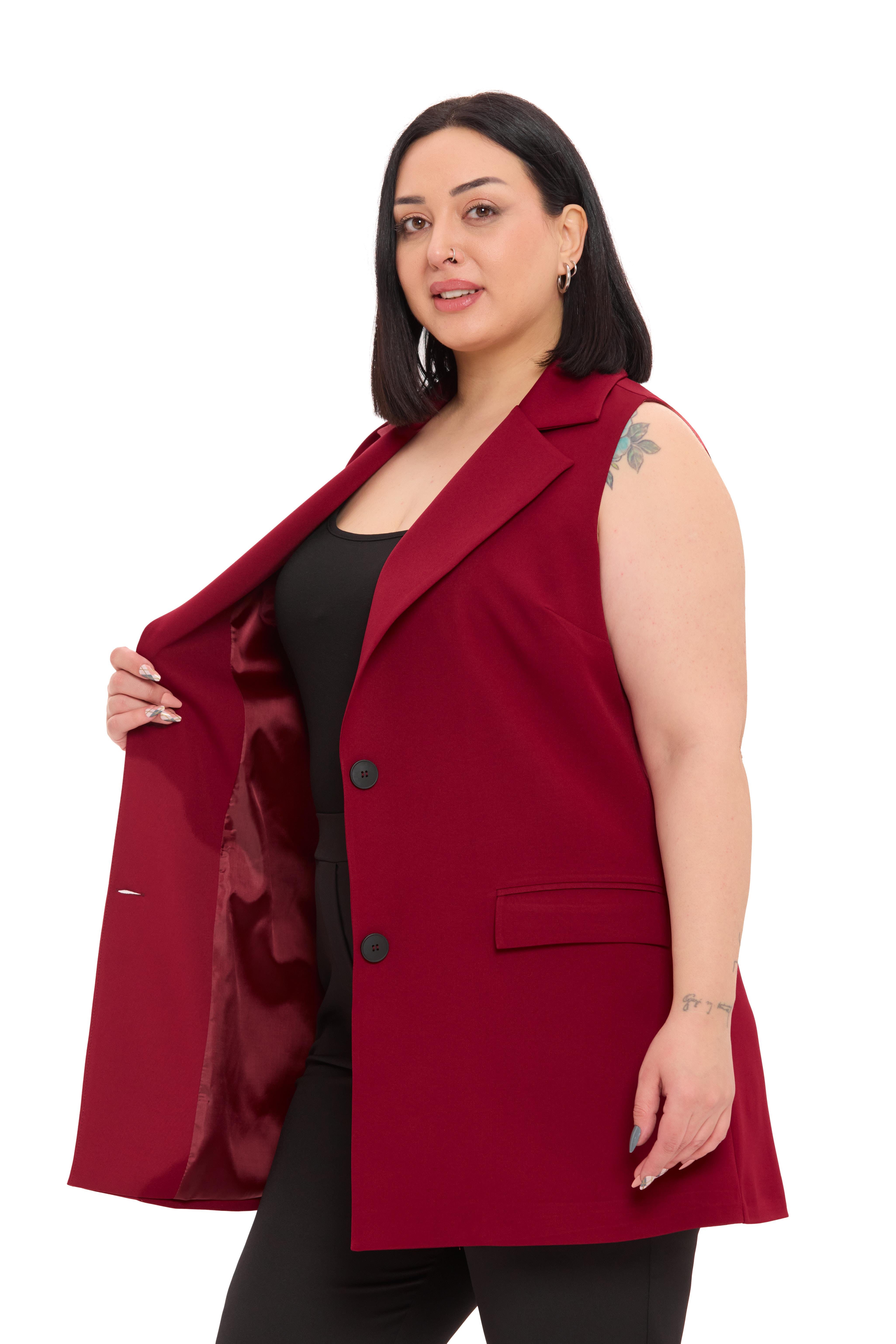 YelekDisentis Modest Büyük Beden Düğmeli Kapaklı Cepli Astarlı Uzun Bordo YelekDISENTIS MODESTBüyük Beden Düğmeli Kapaklı Cepli Astarlı Uzun Bordo Yelek