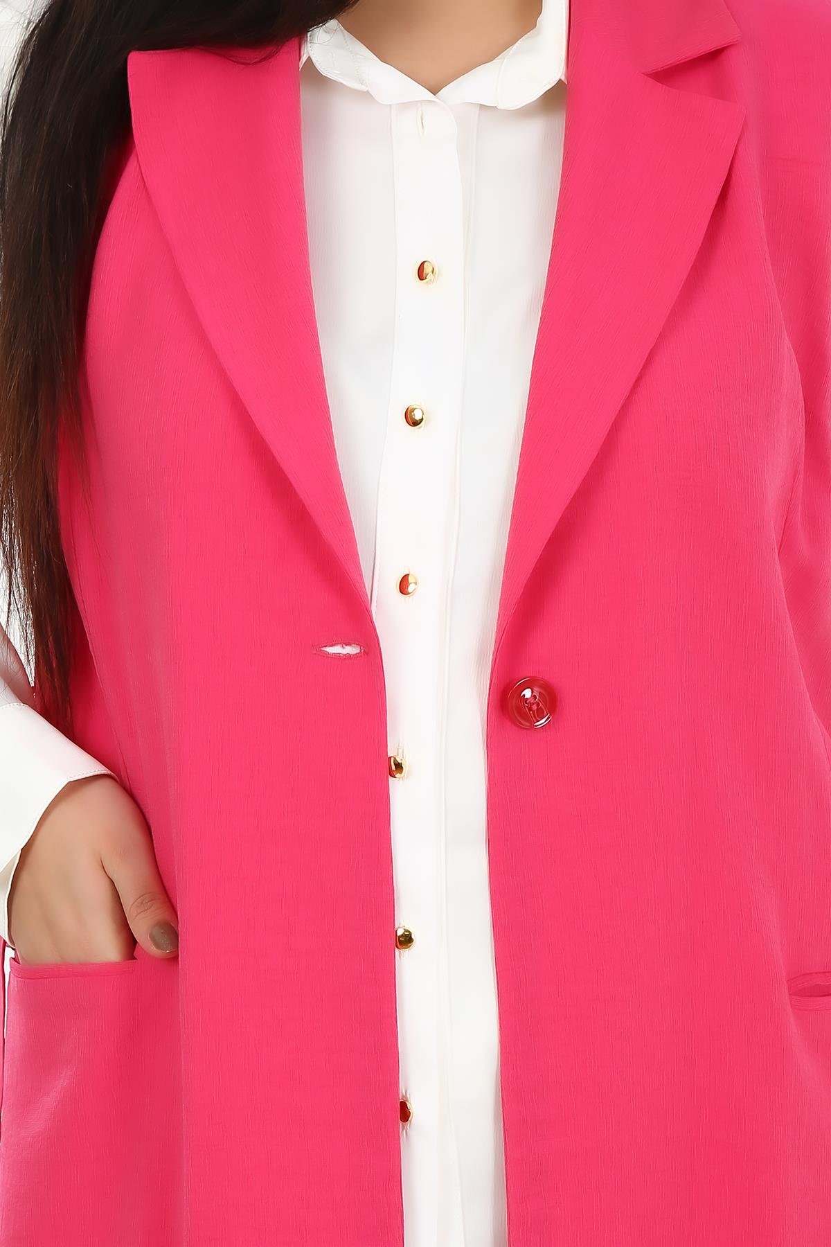 YelekDisentis Modest Kuşak Detaylı Tek Düğmeli Cepli Fuşya Yelek DISENTIS MODESTBüyük Beden Kuşak Detaylı Tek Düğmeli Cepli Fuşya Yelek 