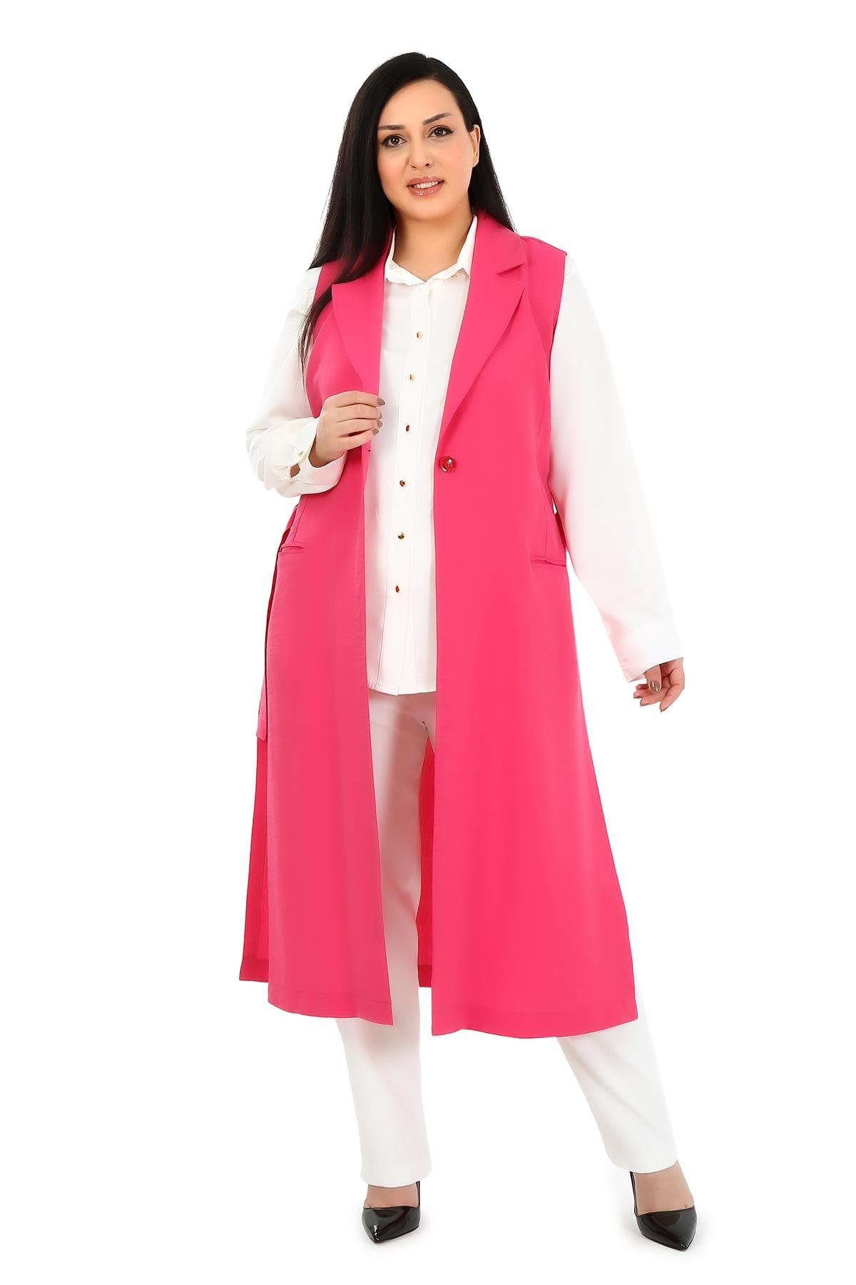 YelekDisentis Modest Kuşak Detaylı Tek Düğmeli Cepli Fuşya Yelek DISENTIS MODESTBüyük Beden Kuşak Detaylı Tek Düğmeli Cepli Fuşya Yelek 