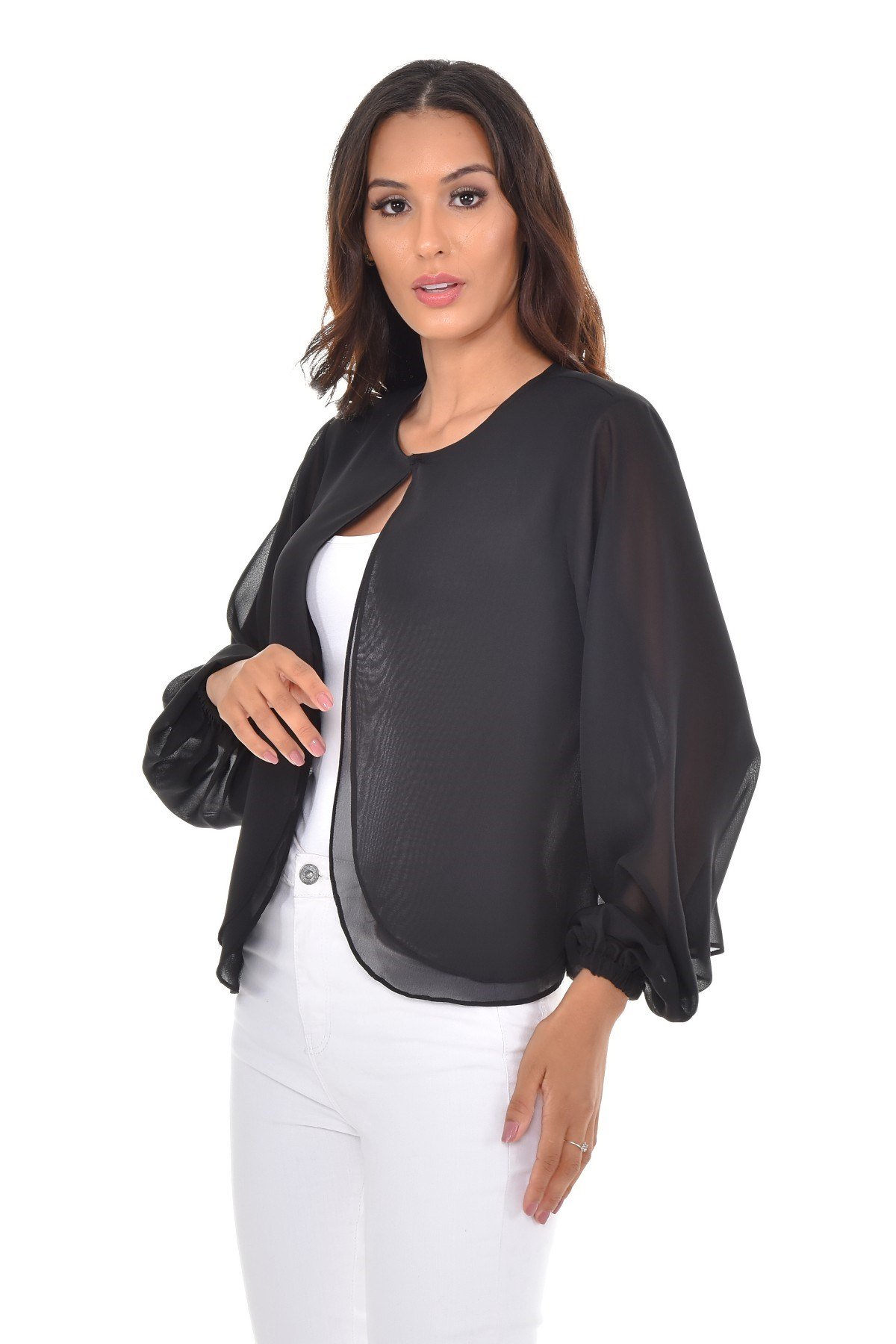 Yuvarlak Yaka Uzun Kollu Önü Çift Kat Kol Ağzı Lastikli Şifon Siyah Bolero