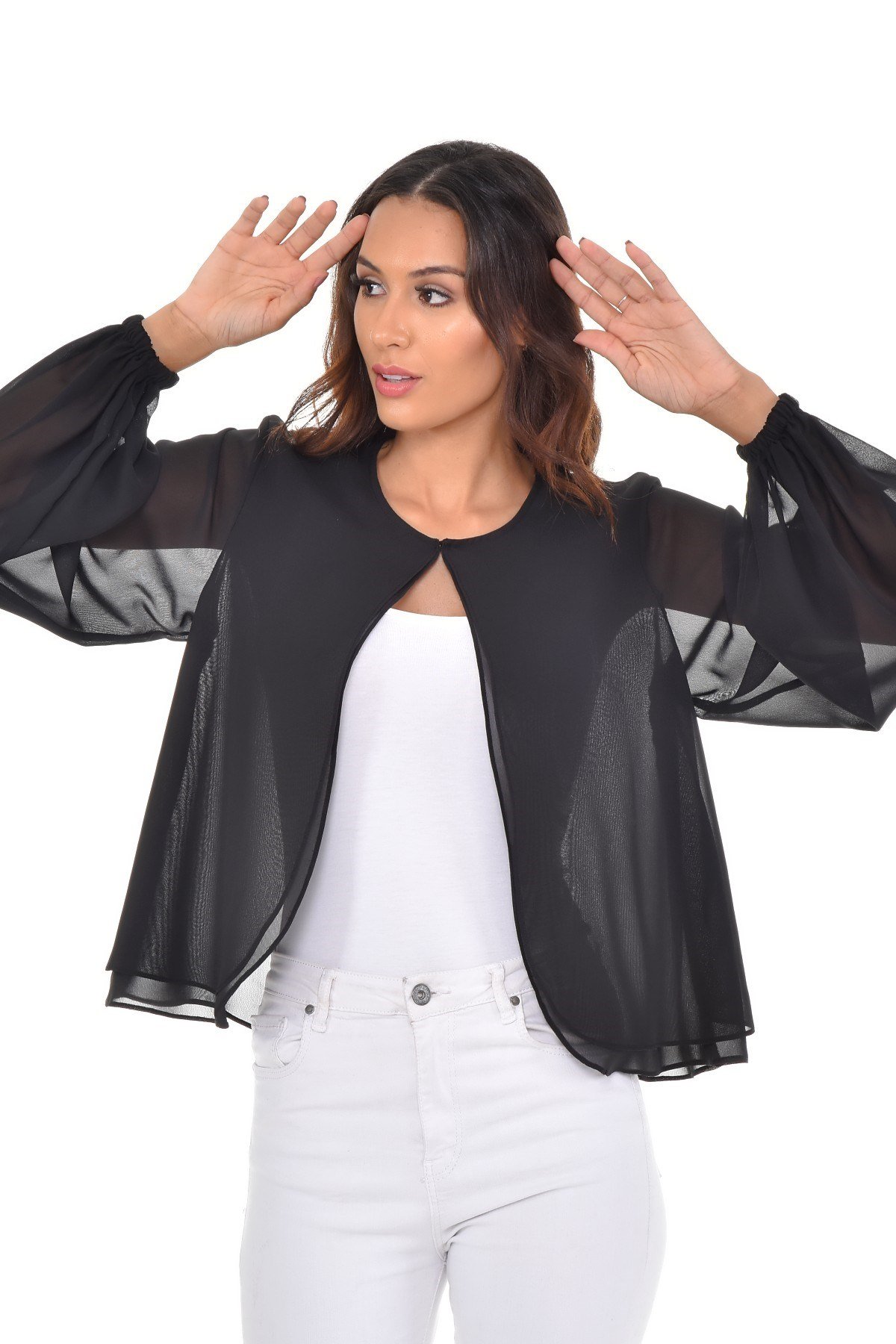 Yuvarlak Yaka Uzun Kollu Önü Çift Kat Kol Ağzı Lastikli Şifon Siyah Bolero