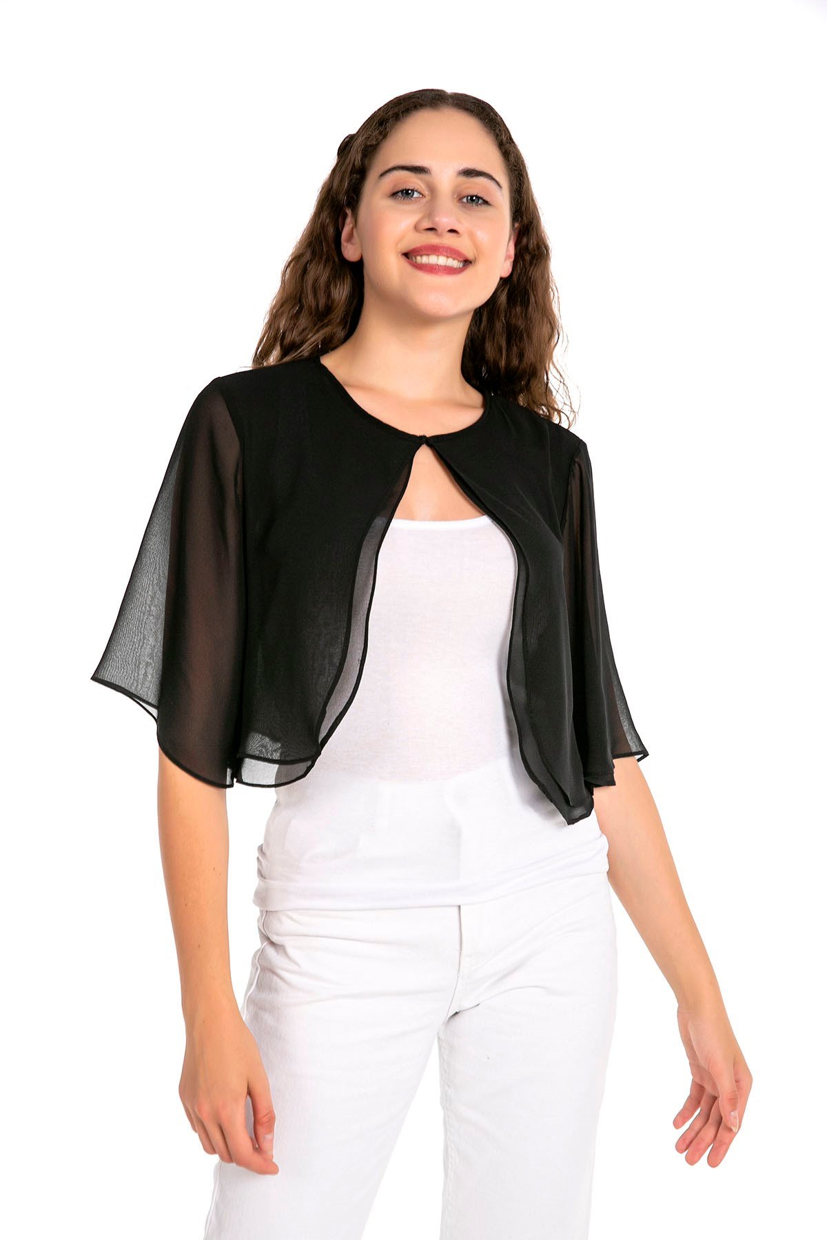Yuvarlak Yaka Volanlı Kısa Kollu Önü Çift Katlı Şifon Siyah Bolero