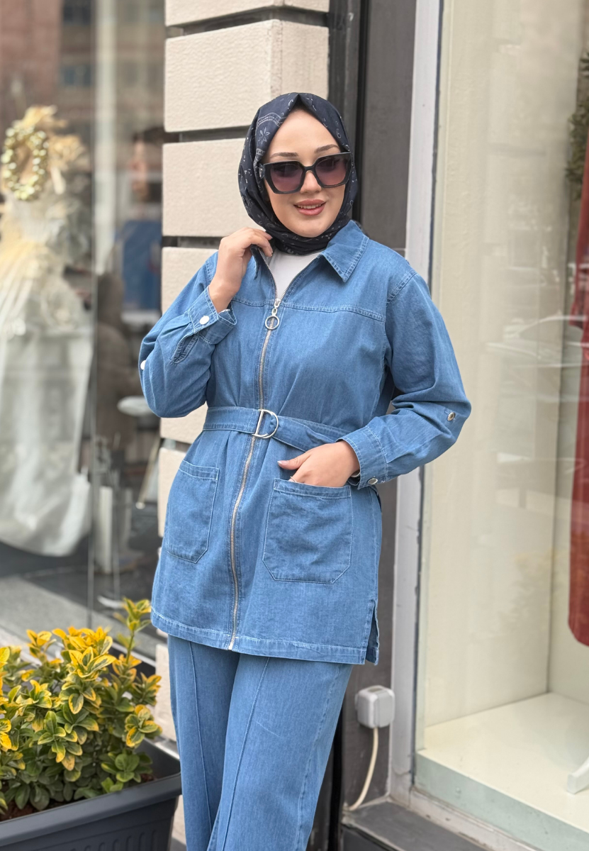 A. Mavi Kemerli Denim Takım