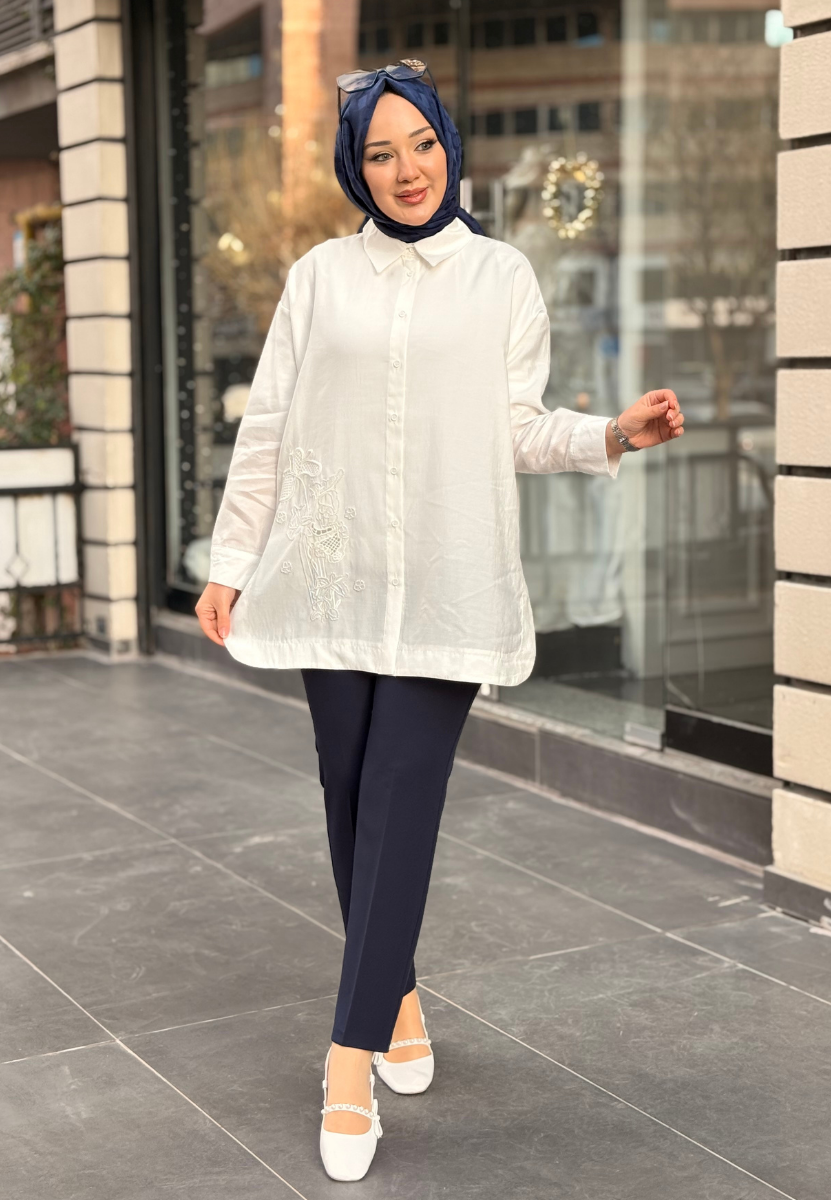 Beyaz Nakış İşleme Gömlek