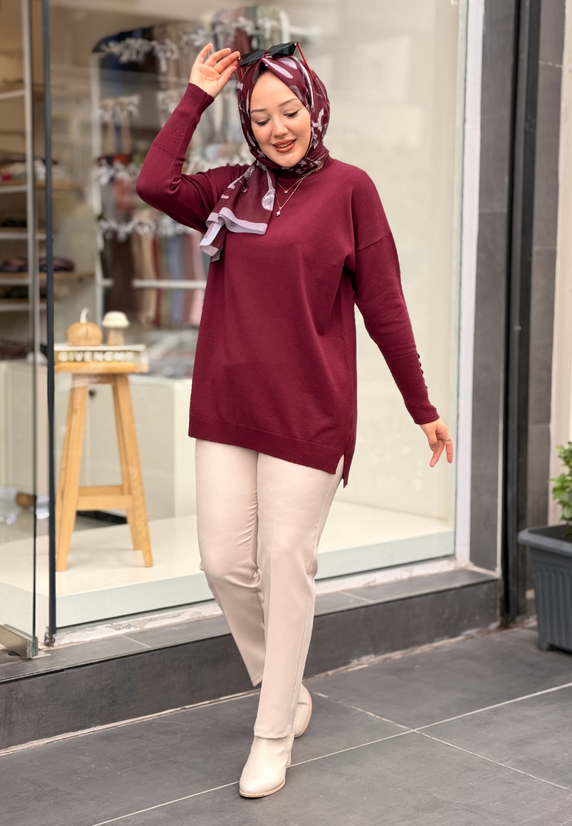 Bordo Basic Düğme Triko