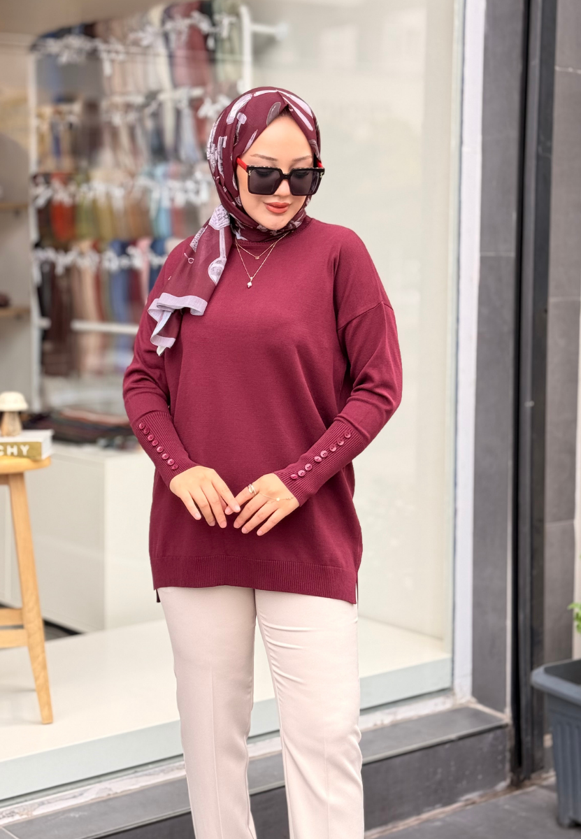 Bordo Basic Düğme Triko