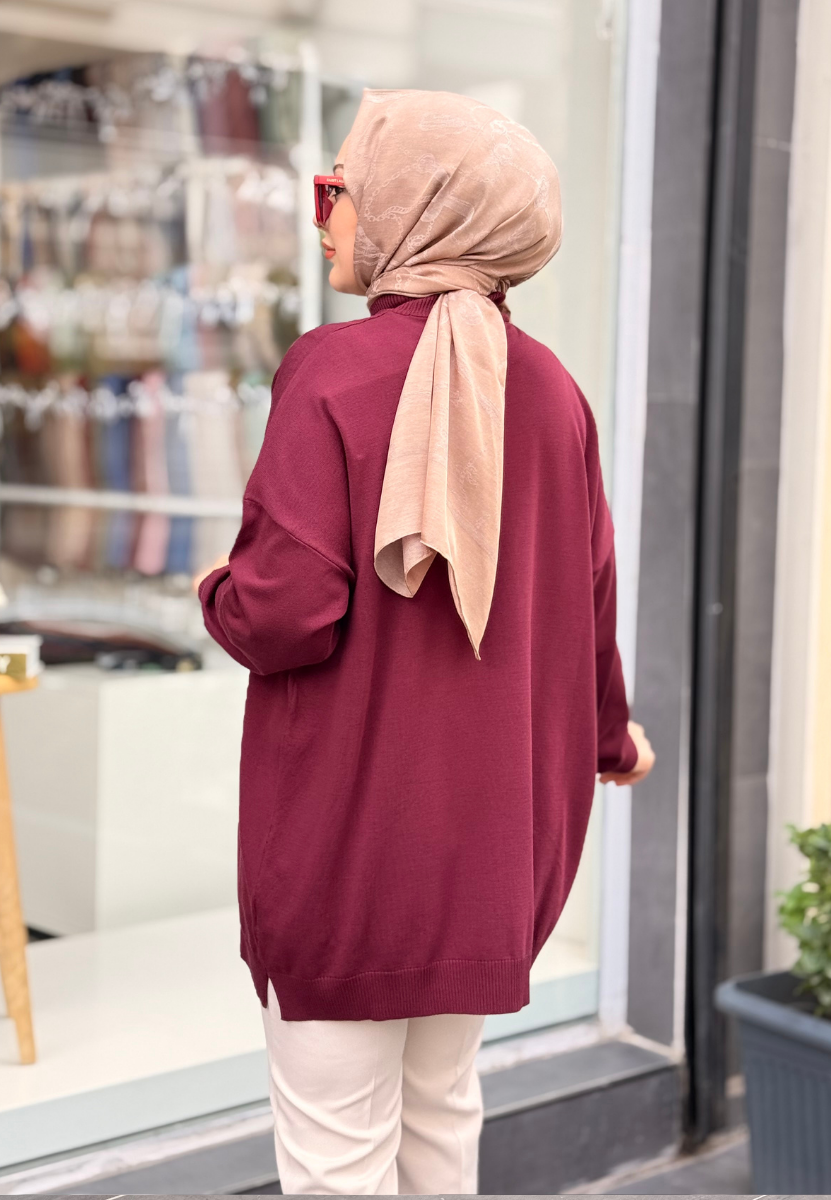 Bordo Broş Triko Tunik