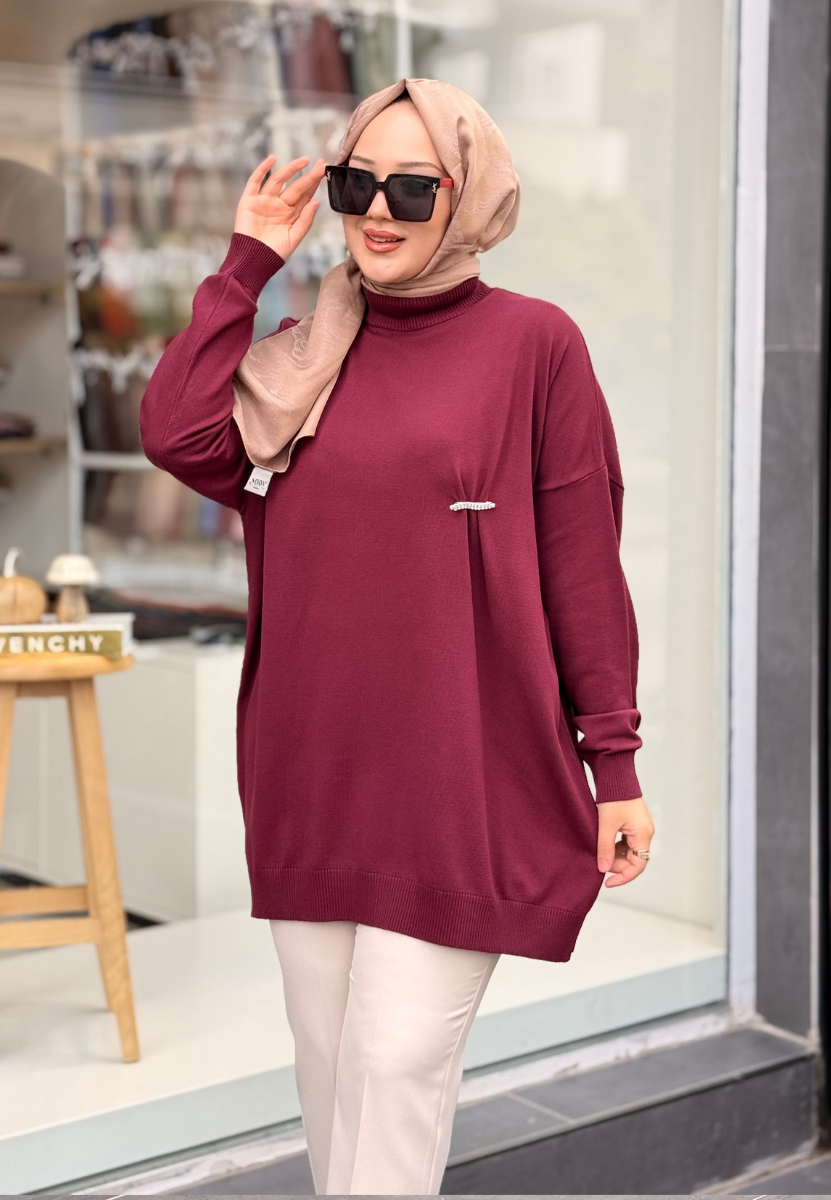 Bordo Broş Triko Tunik