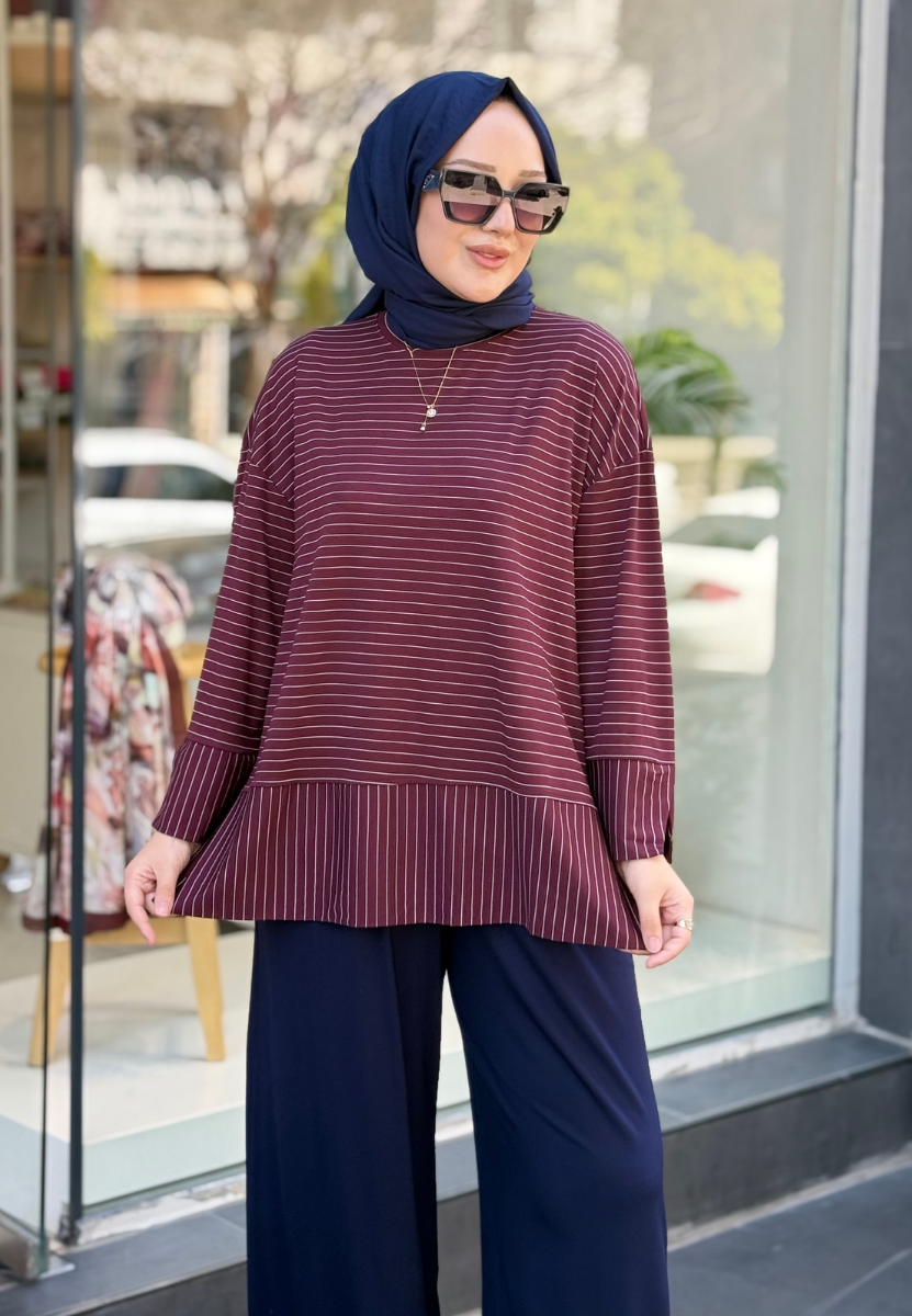 Bordo İnce Çizgili Sweat