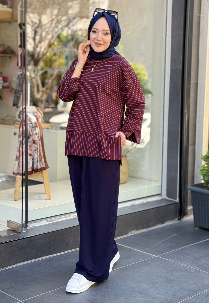 Bordo İnce Çizgili Sweat