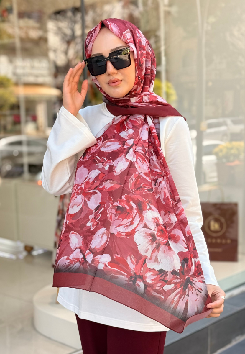 Bordo Şakayık Desen Şal
