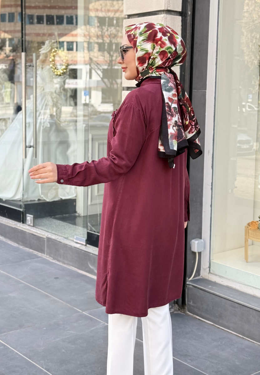 Bordo Yonca Uzun Tensel Gömlek