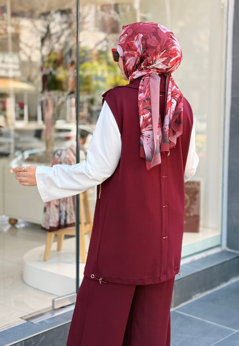 Bordo Yonca Yelekli Takım
