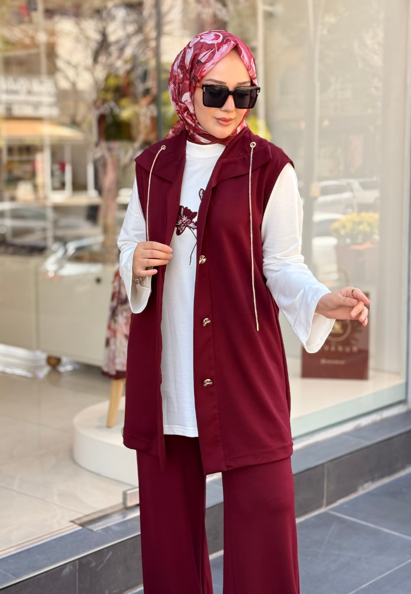 Bordo Yonca Yelekli Takım