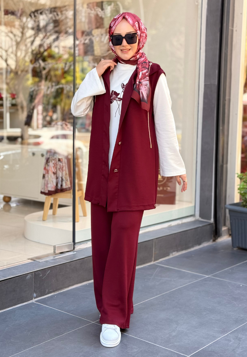 Bordo Yonca Yelekli Takım
