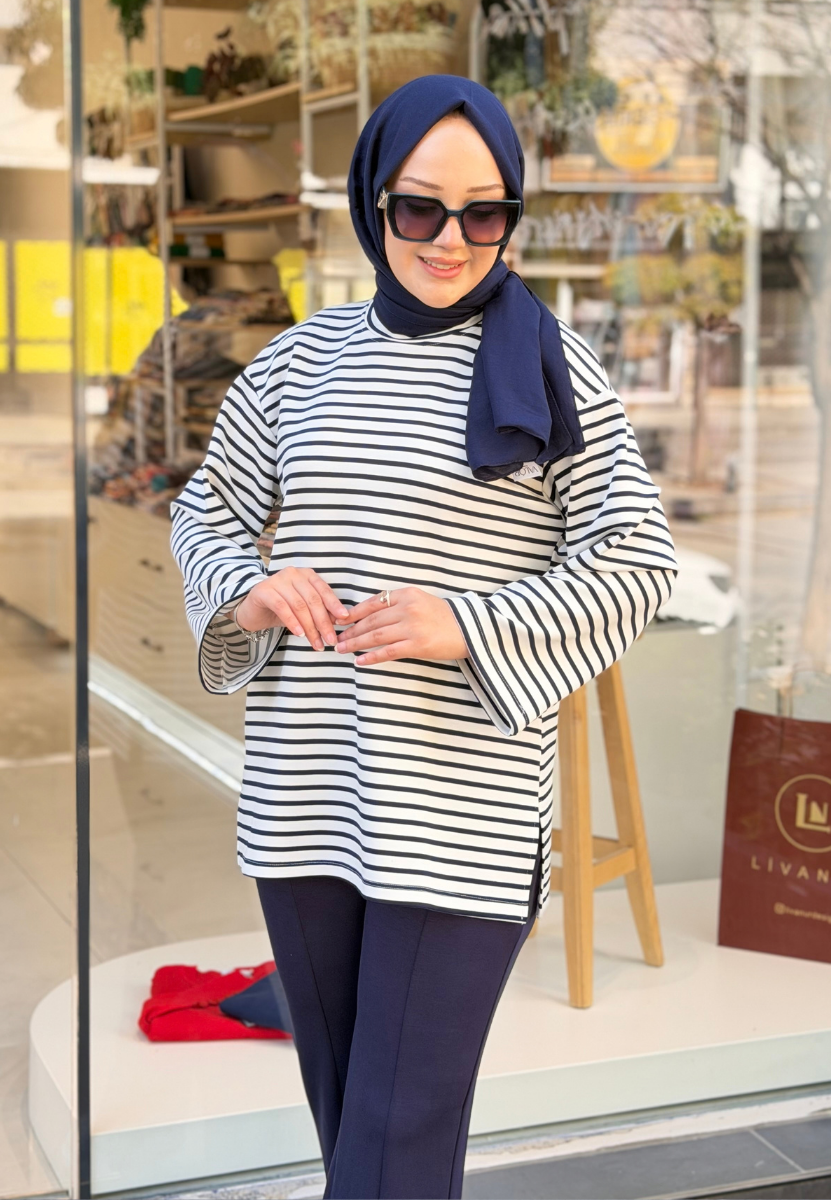 Çizgili Lacivert Sweat