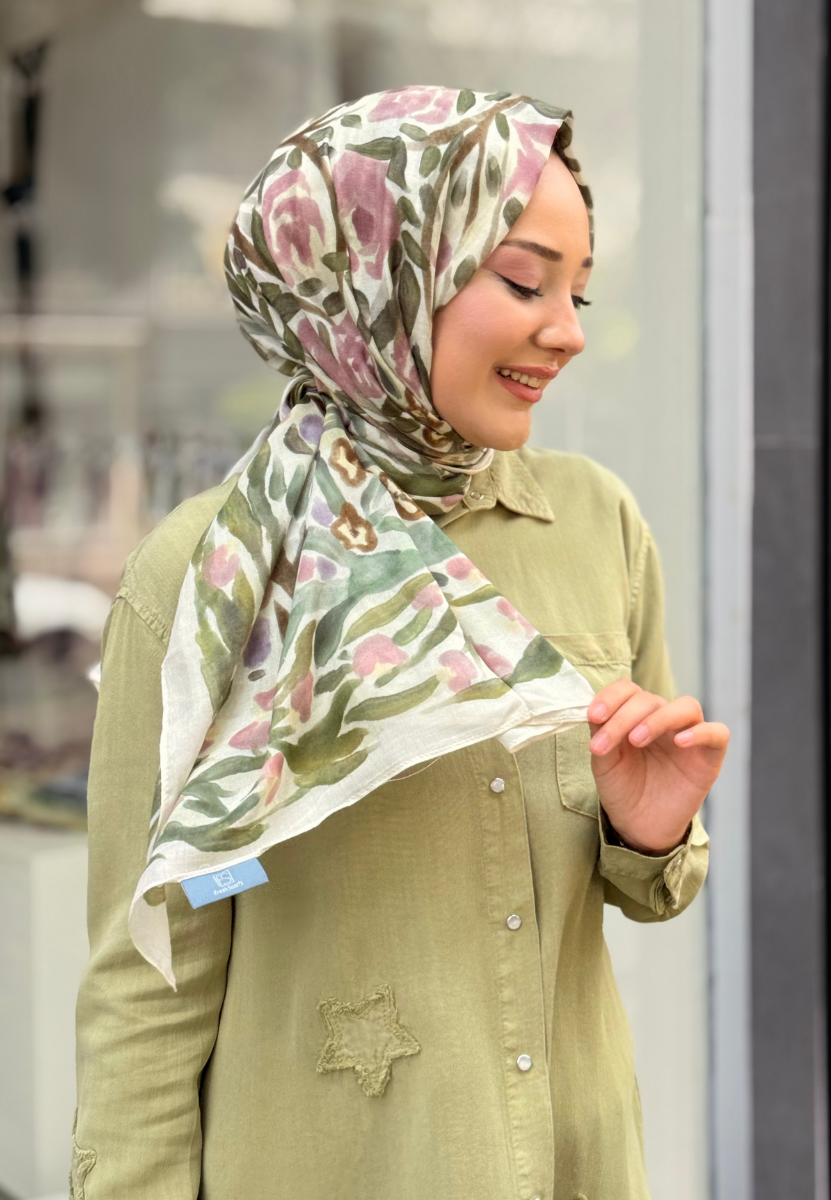 Floral Whimsy Yeşil Rami Şal