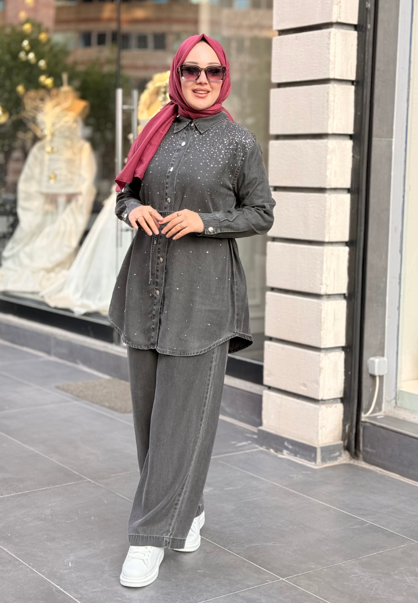 Füme Taşlı Denim Takım