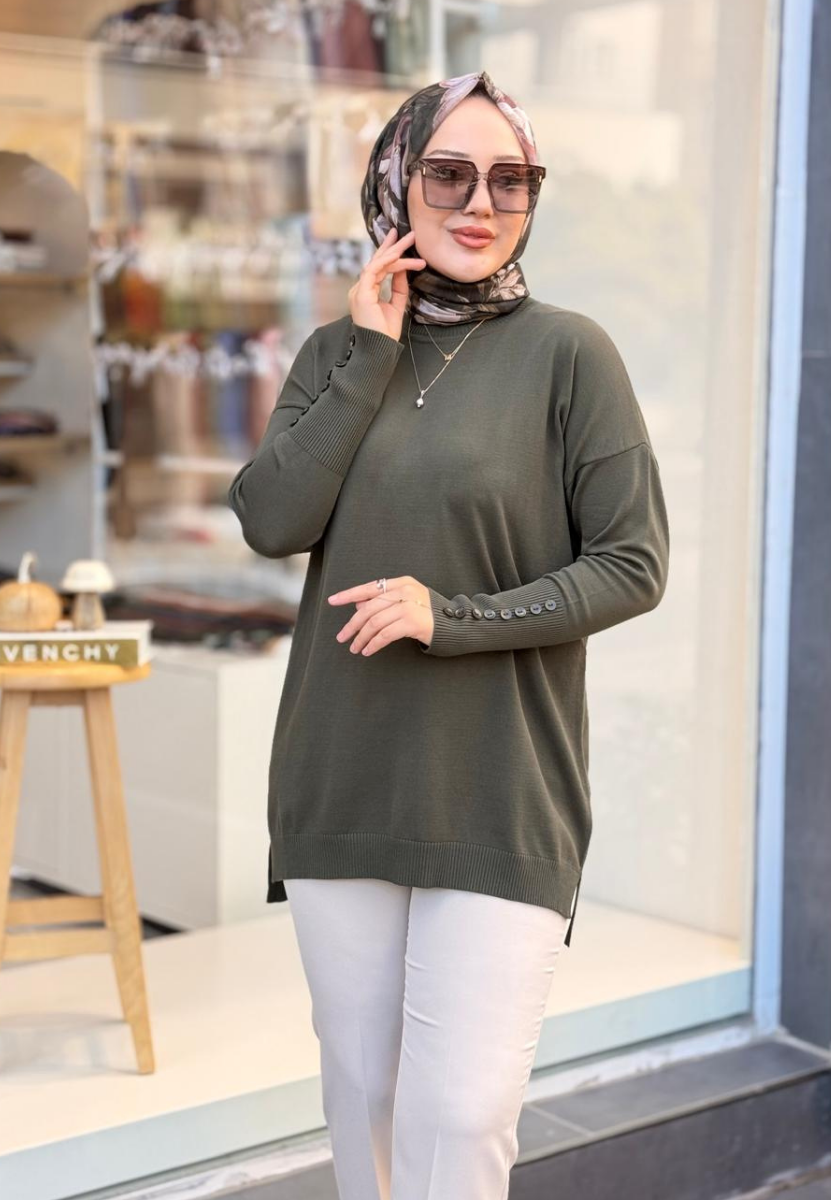 Haki Basic Düğme Triko