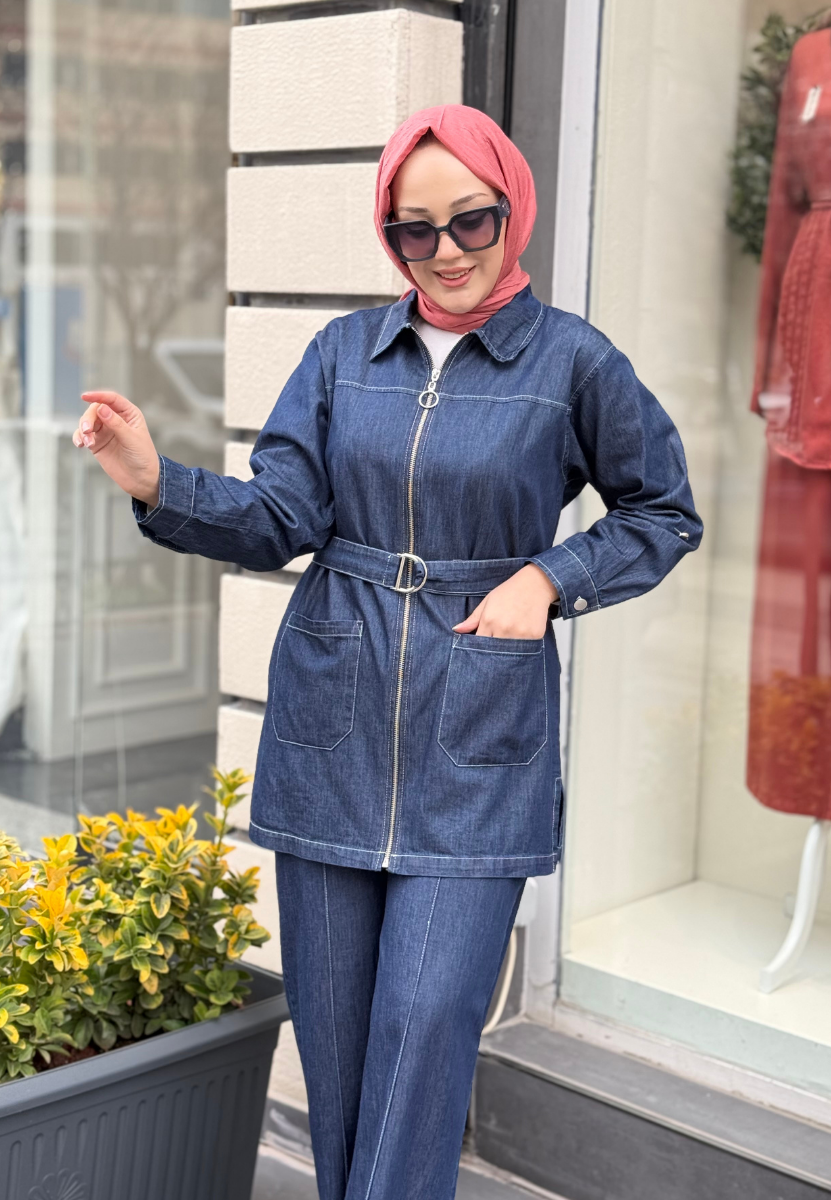 K. Mavi Kemerli Denim Takım