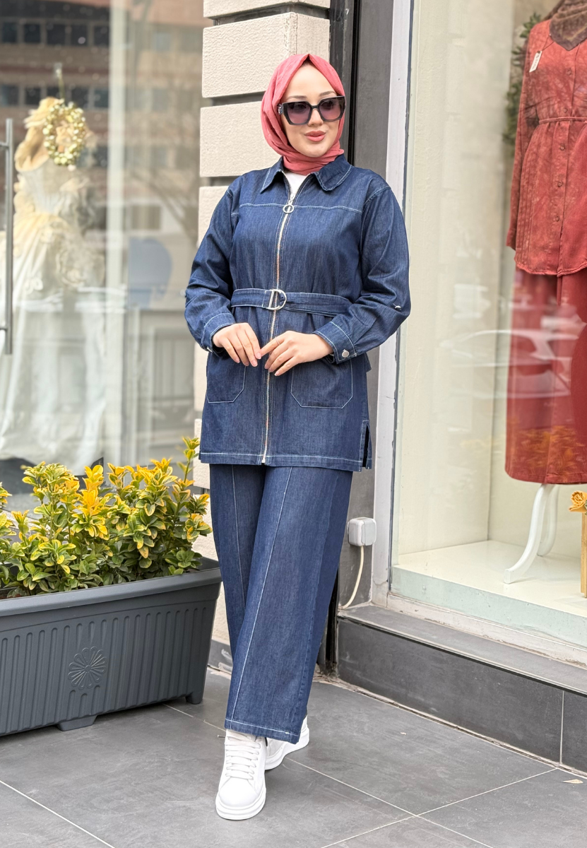 K. Mavi Kemerli Denim Takım