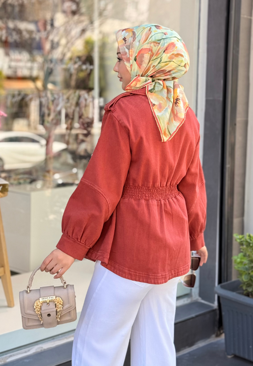 Kiremit Kemerli Denim Ceket