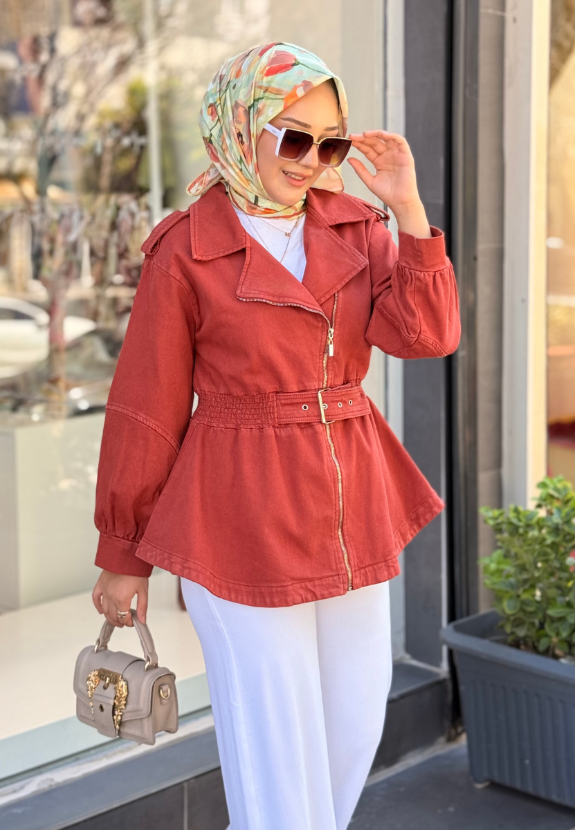 Kiremit Kemerli Denim Ceket