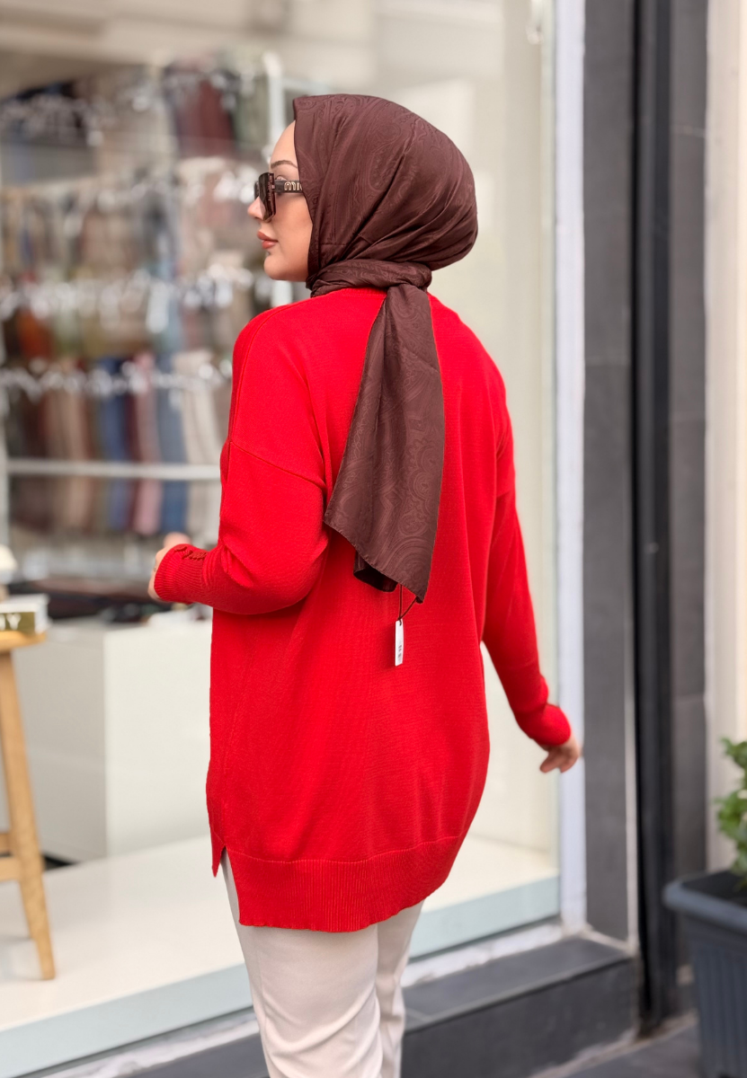 Kırmızı Basic Düğme Triko