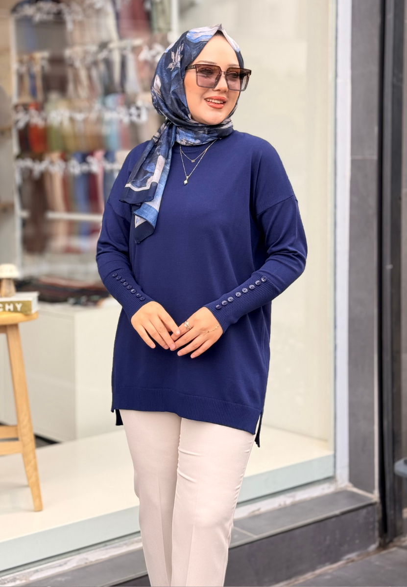 Lacivert Basic Düğme Triko