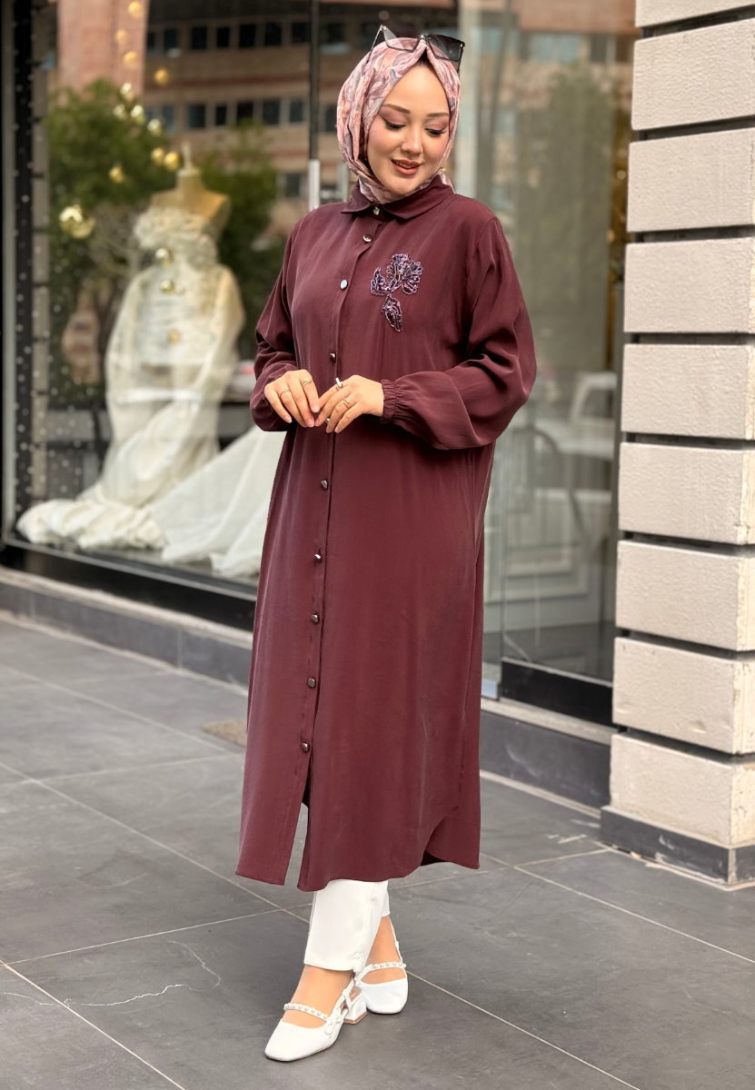 Mürdüm Taşlı Krep Tunik