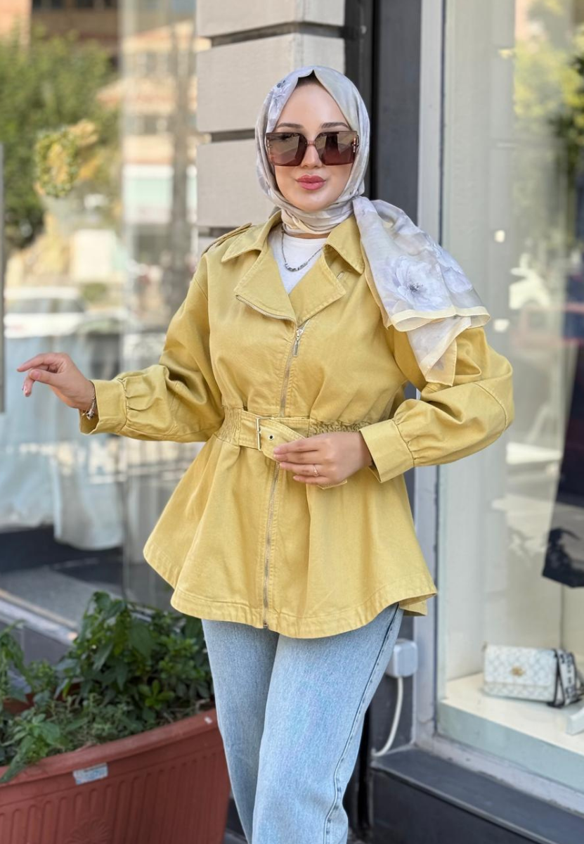 Sarı Kemerli Denim Ceket
