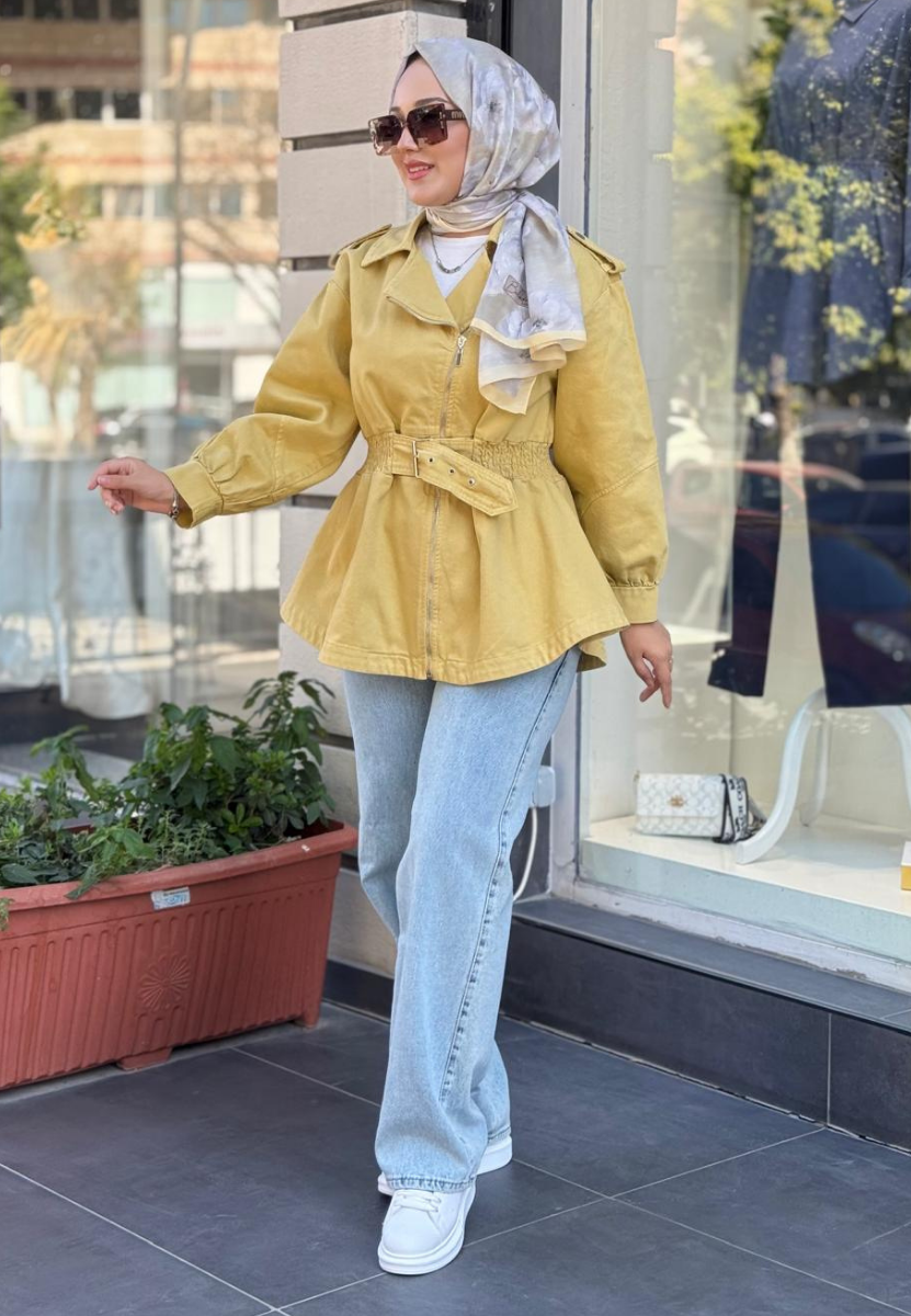 Sarı Kemerli Denim Ceket