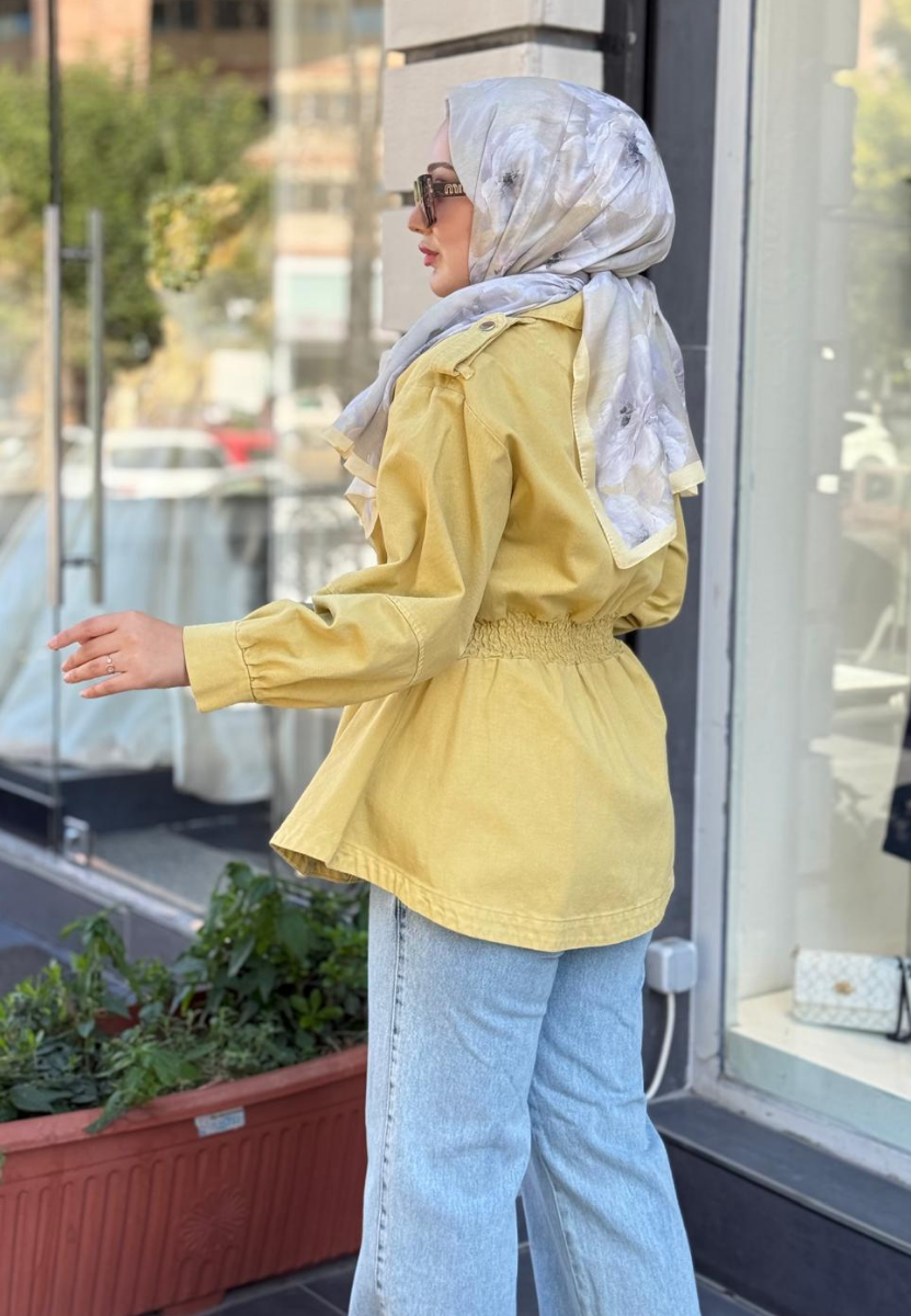 Sarı Kemerli Denim Ceket