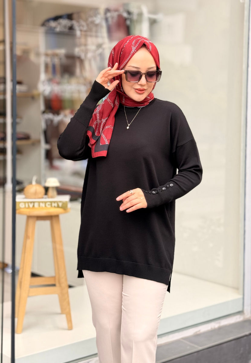 Siyah Basic Düğme Triko