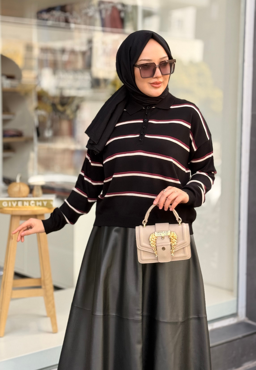 Siyah-Bordo Miranda Çizgiili Kısa Triko