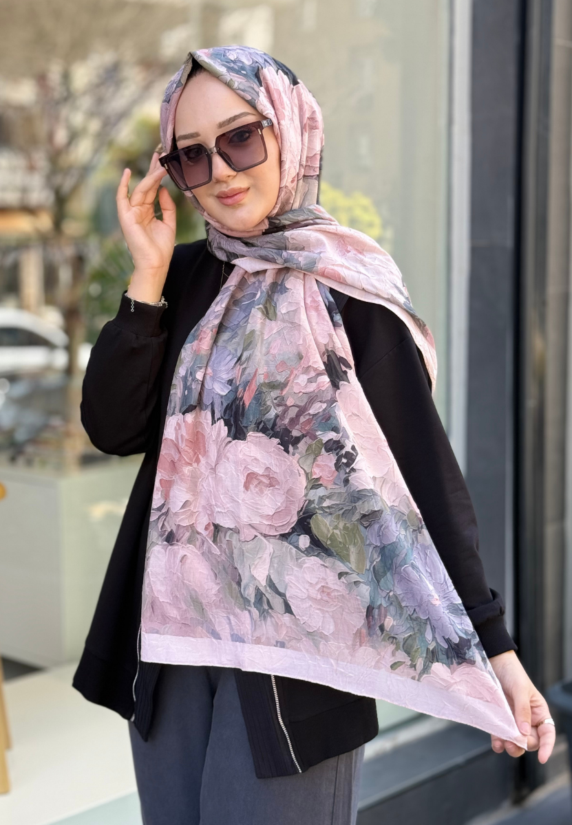 Somon Leylak Desenli Kraş Şal