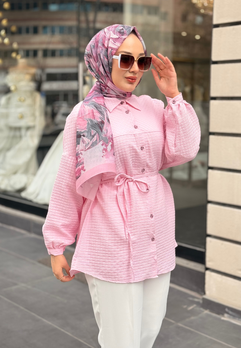 Uçuk Pembe Gofre Gömlek