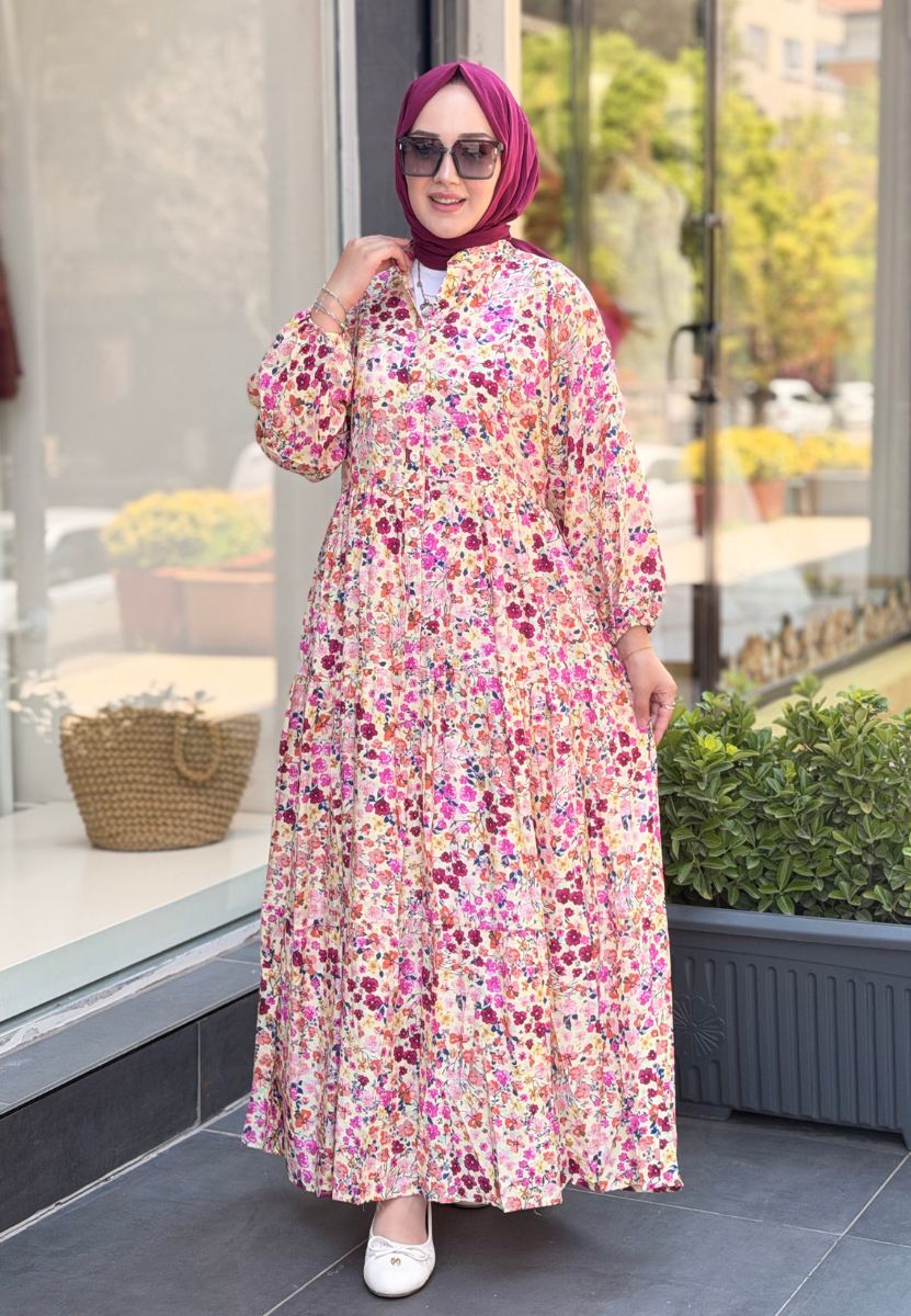 Vişne-Sarı Buket Elbise