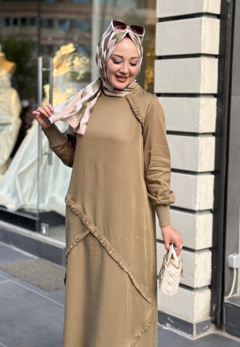 Zeytin Yeşili Ruffle Elbise 