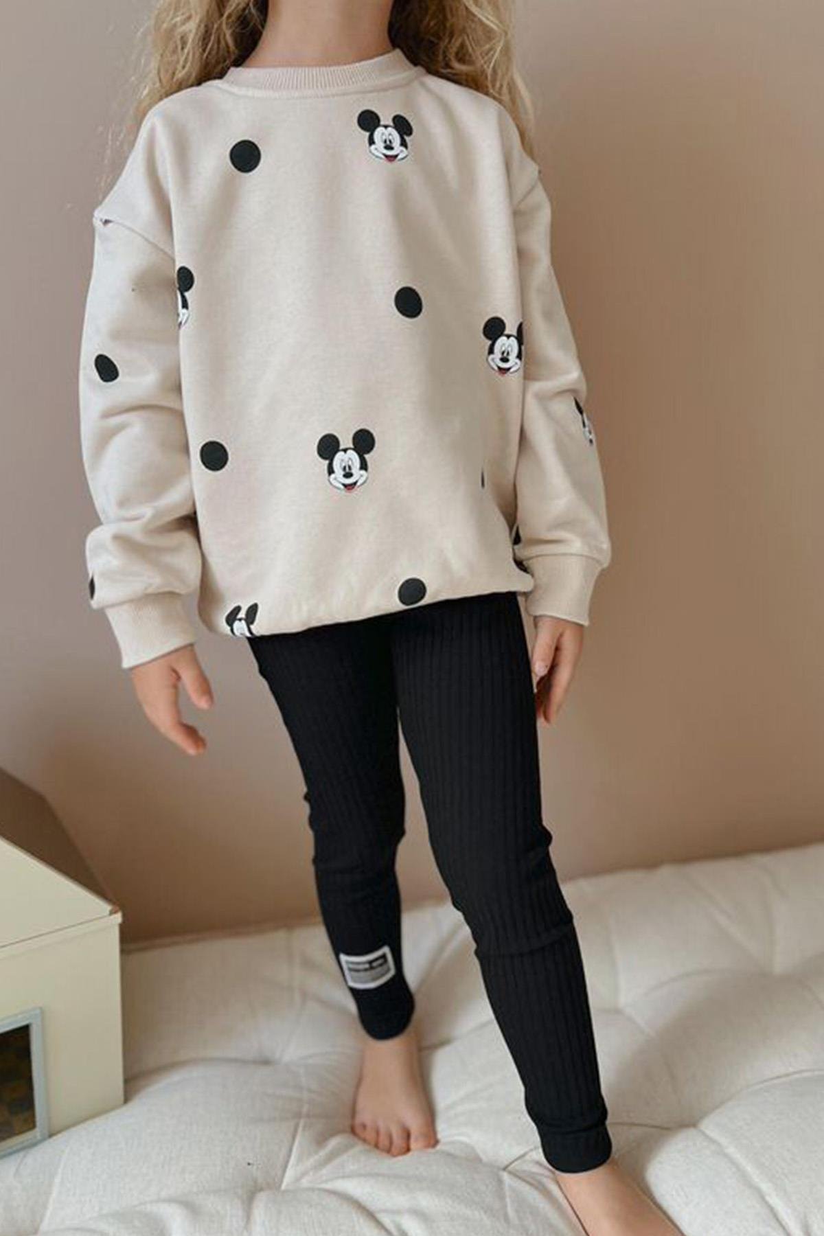 3 İplik Mickey Mouse Takım Krem