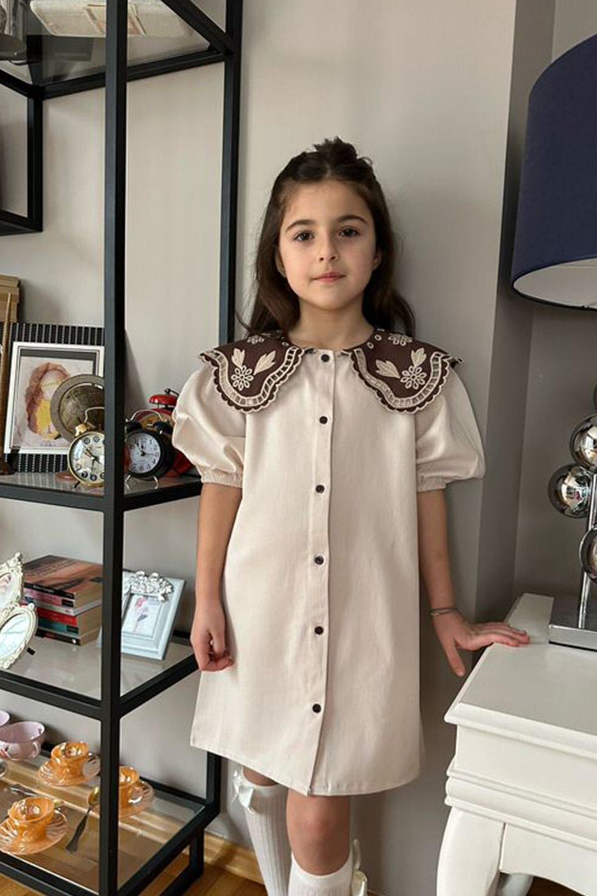 Nakışlı Bebe Yaka Elbise Krem