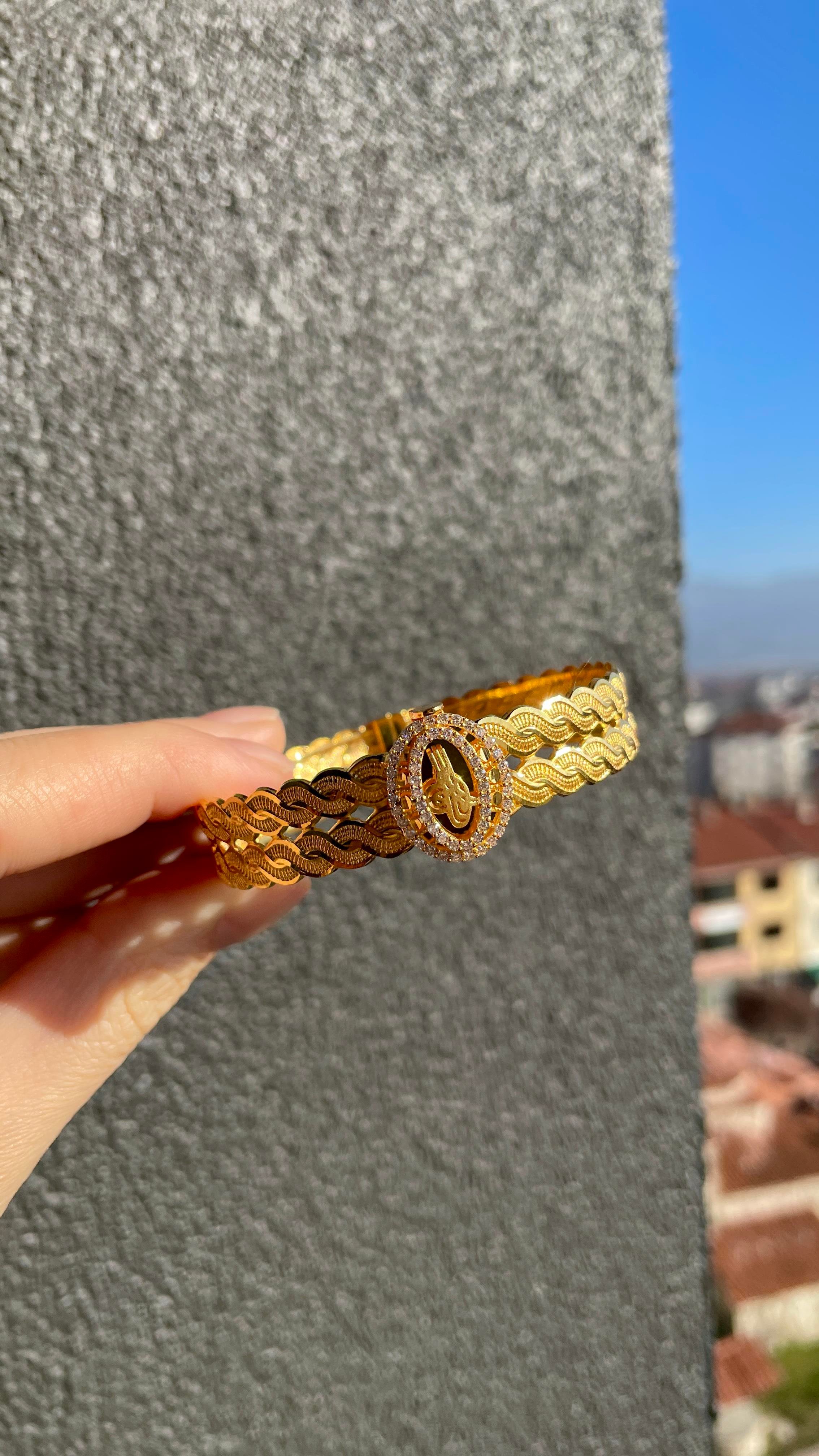 Örgü Burmalı Osmanlı Tuğralı Taşlı Altın Kelepçe