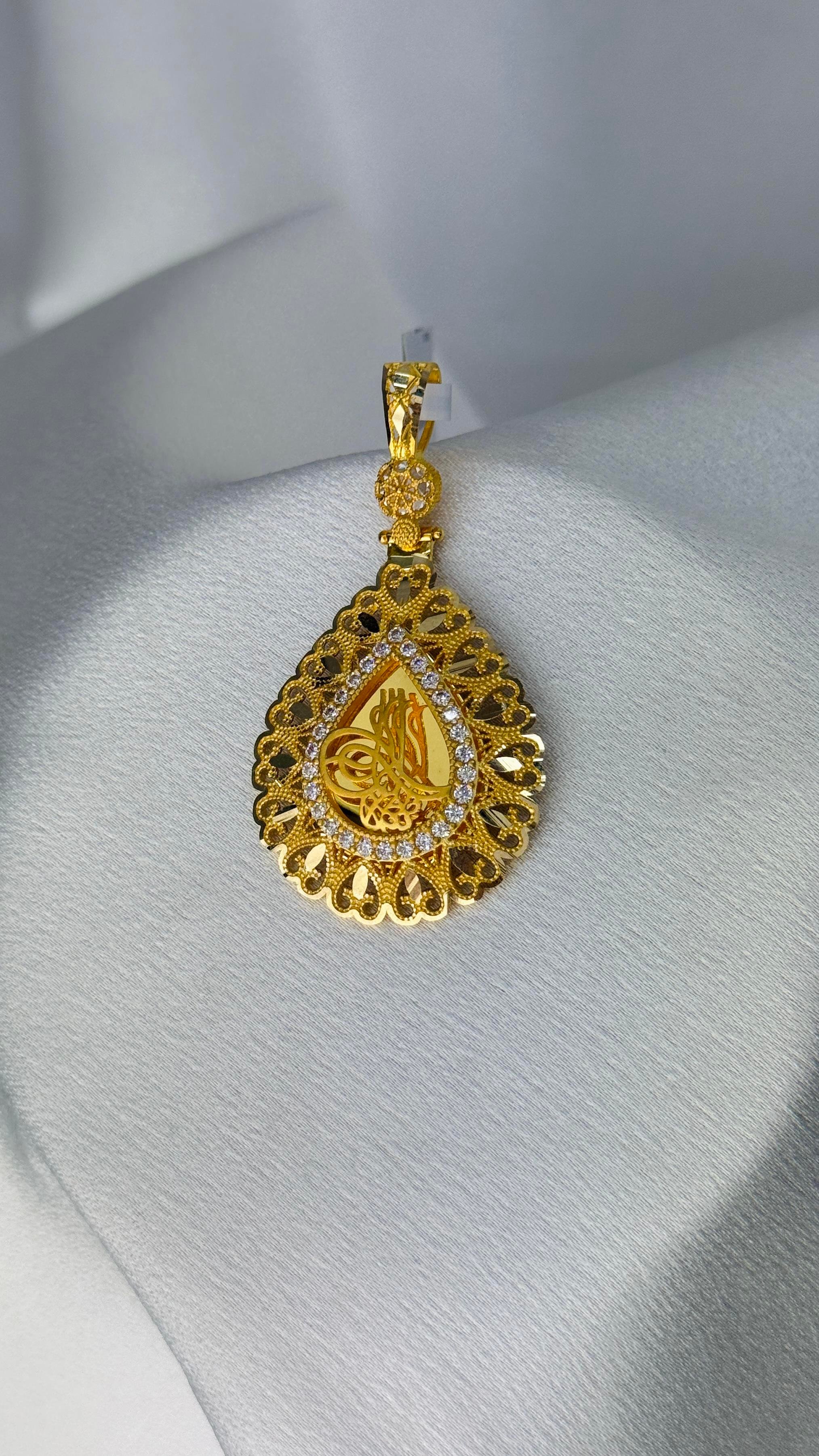 Tuğralı Taşlı Damla Altın Kolye Ucu