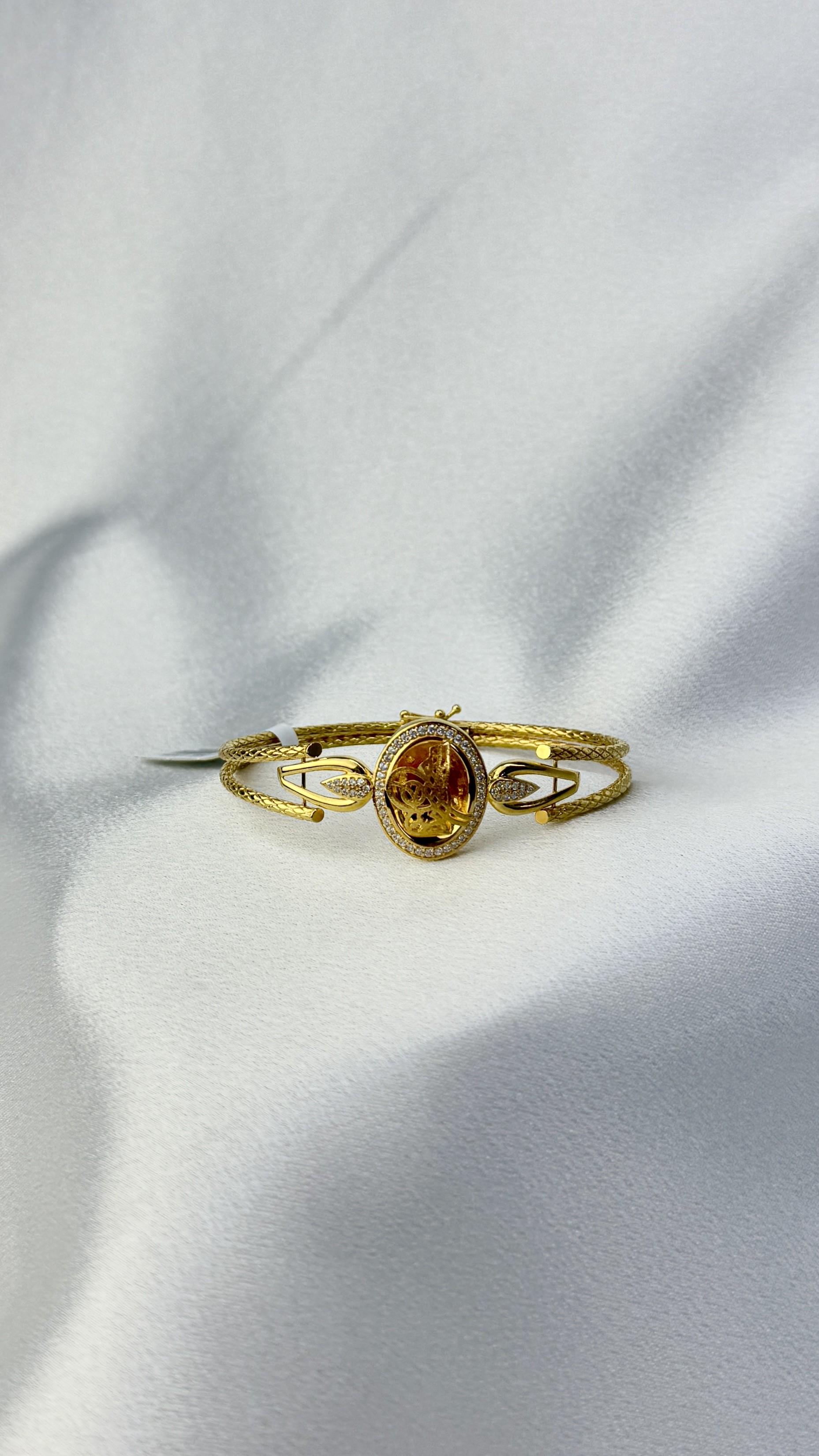 Zirkon Taşlı Tuğralı Altın Kelepçe Bileklik