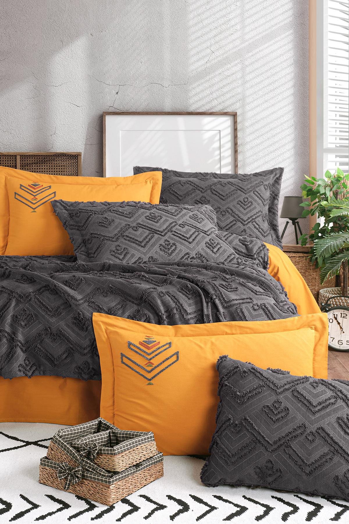 Aztec Çift Kişilik Yatak Örtüsü Seti Antrasit