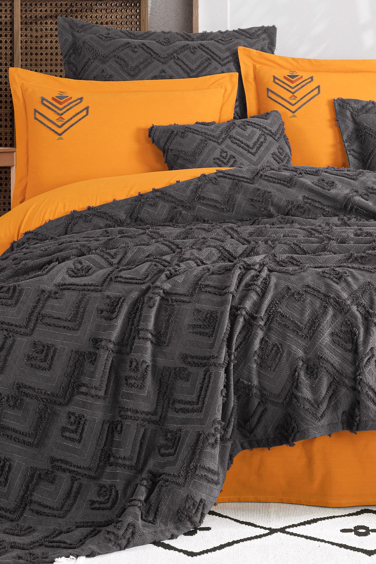 Aztec Çift Kişilik Yatak Örtüsü Seti Antrasit